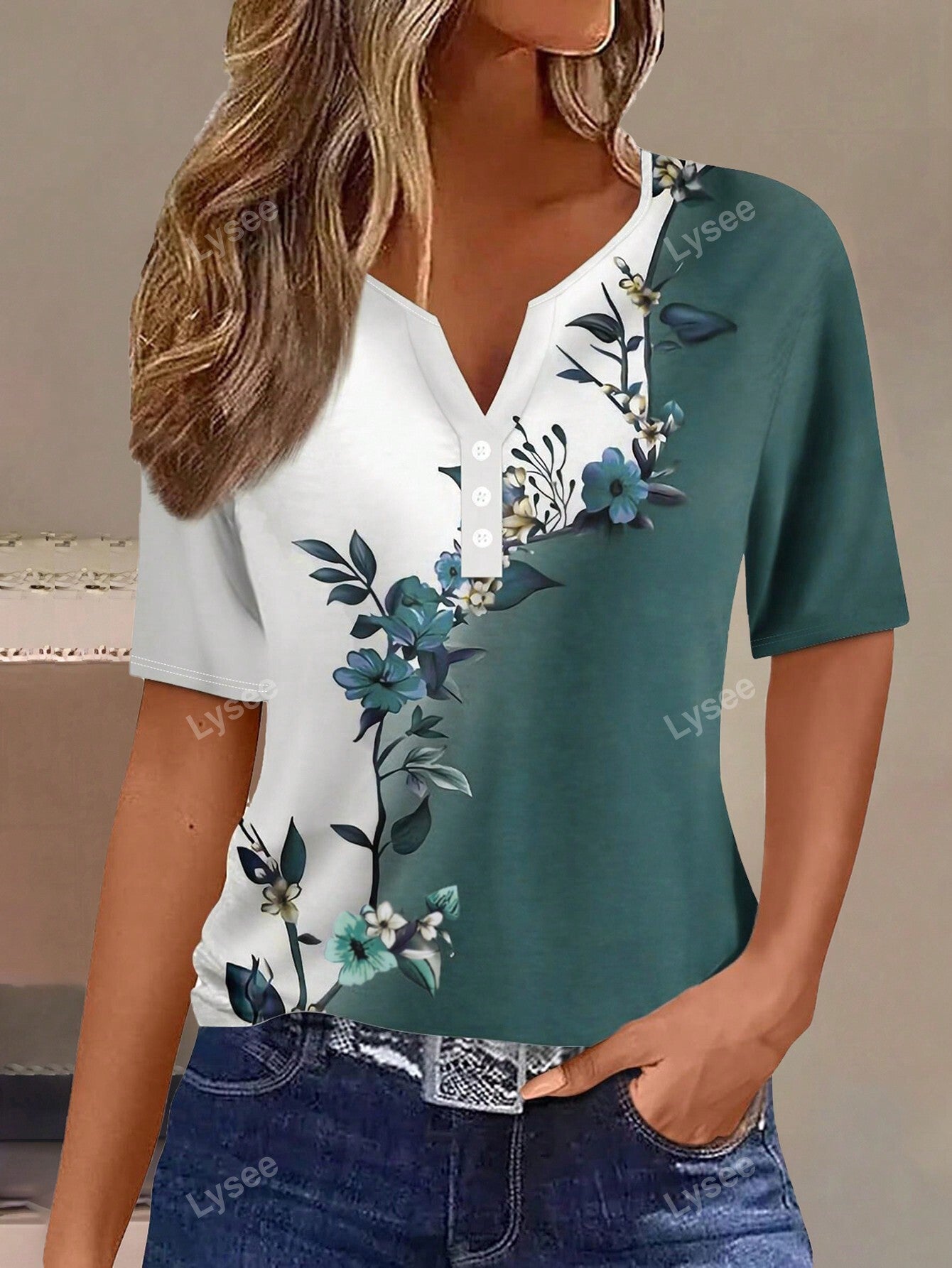 Casual Fashion Formal Button Short Sleeve Printed V-Neck Women T-Shirt