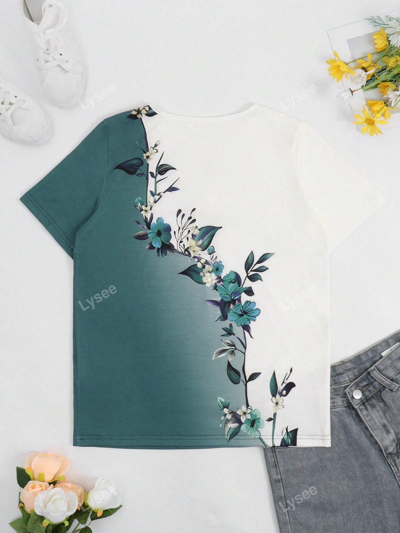 Casual Fashion Formal Button Short Sleeve Printed V-Neck Women T-Shirt