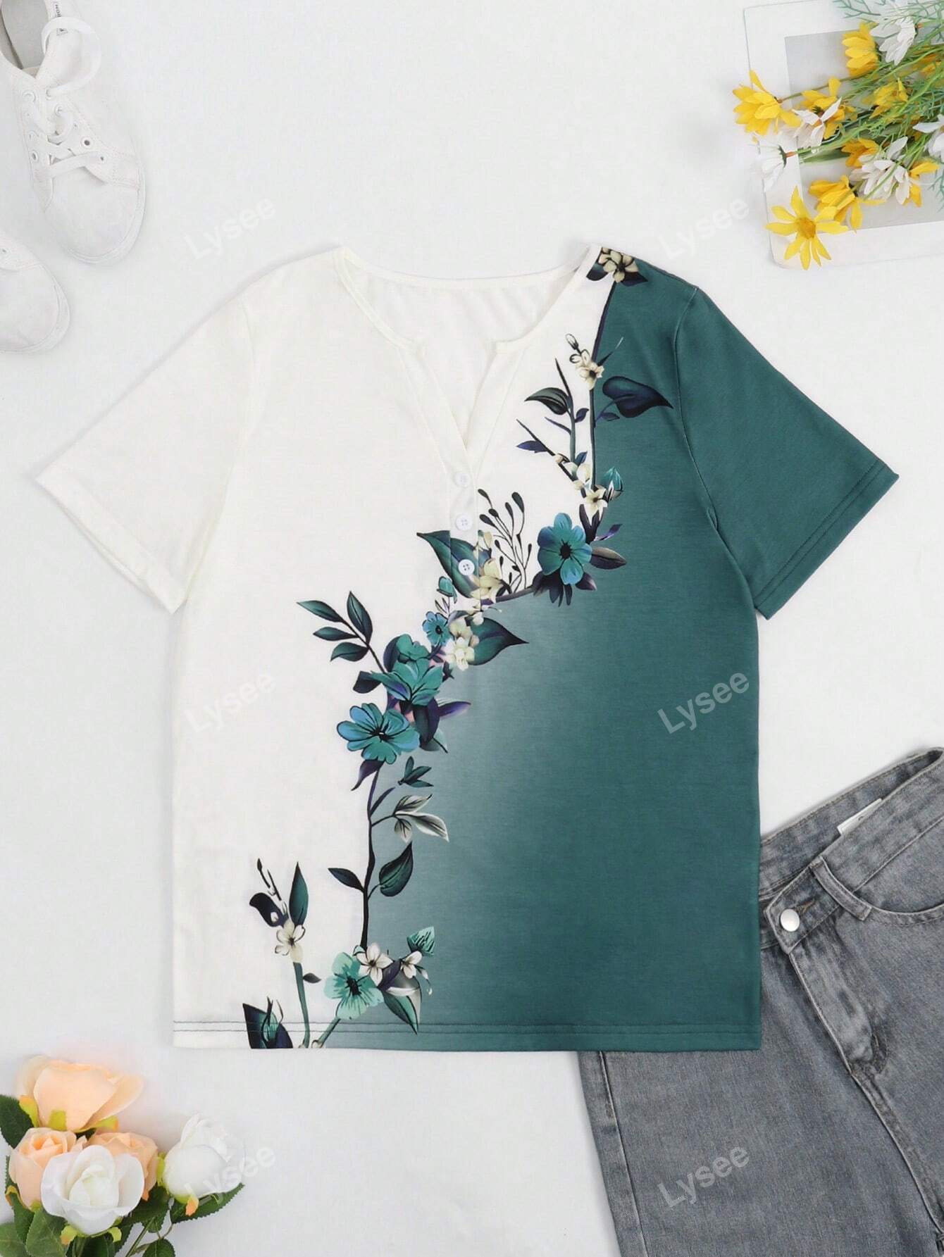 Casual Fashion Formal Button Short Sleeve Printed V-Neck Women T-Shirt