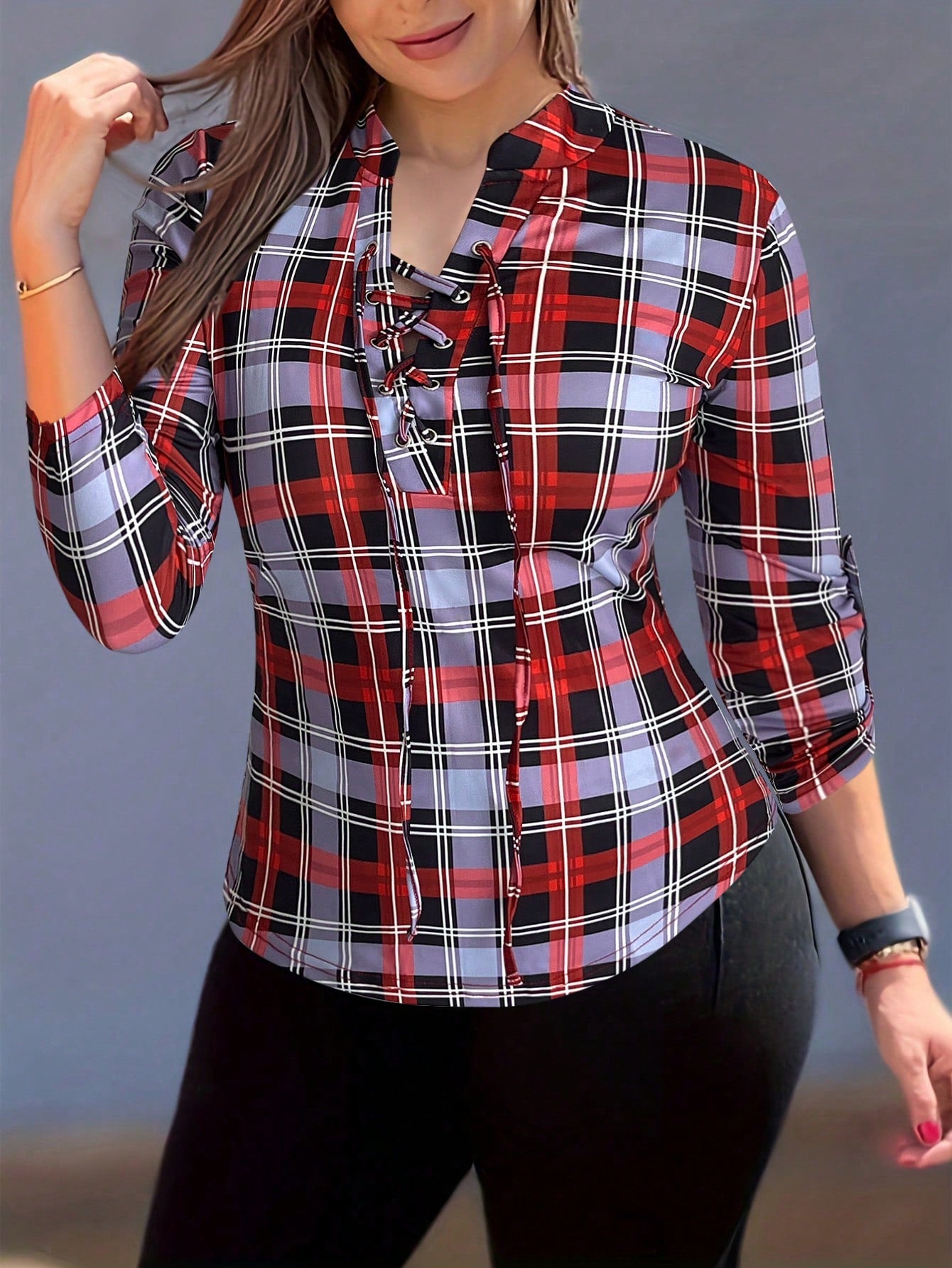 EMERY ROSE Women's V-Neck Drawstring Long Sleeve Plaid Design Casual T-Shirt Graphic Tees Women Tops For Spring Outfit