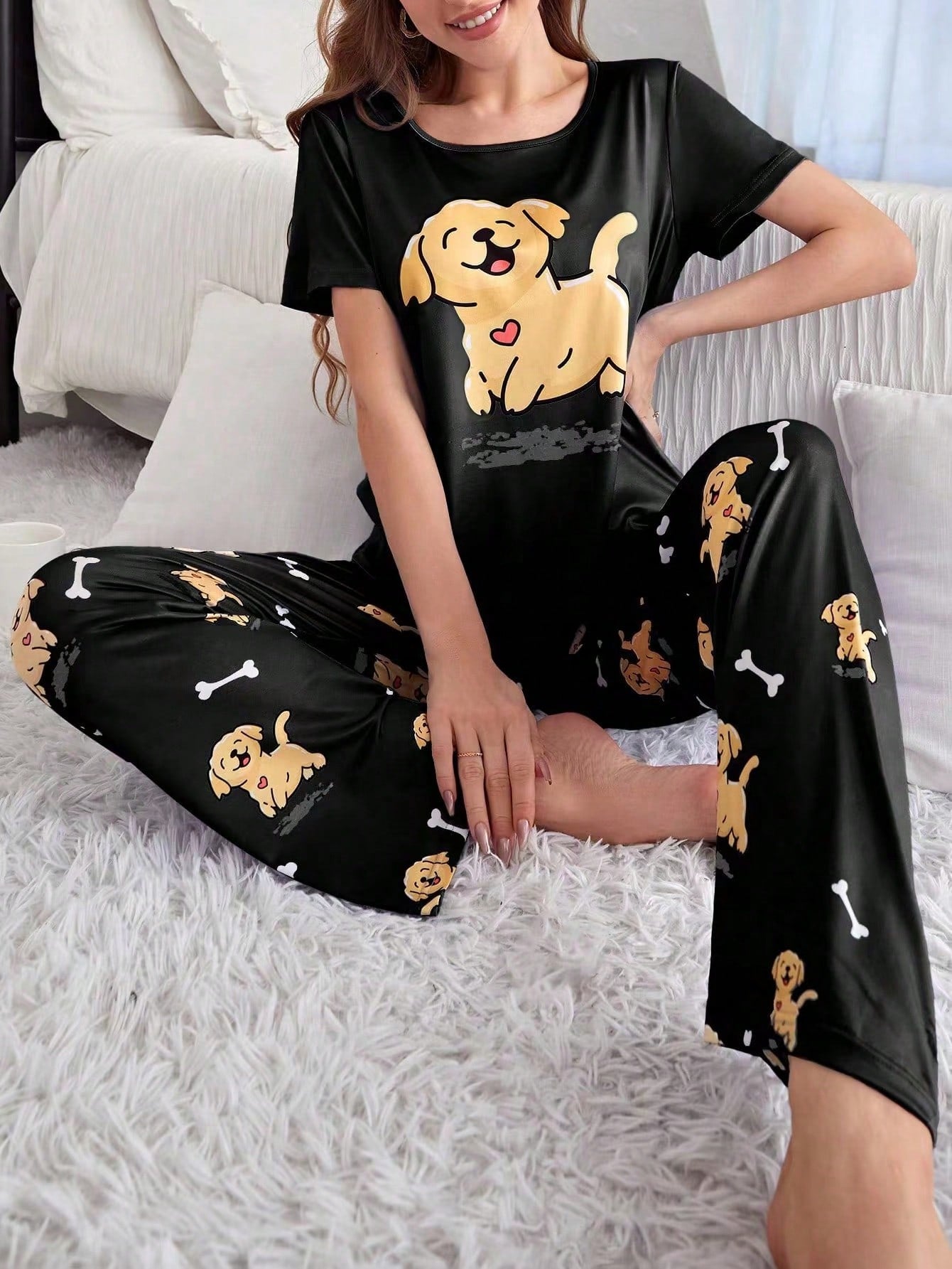 Women's Cartoon Dog Pattern Short Sleeve Long Pants Pajamas Set