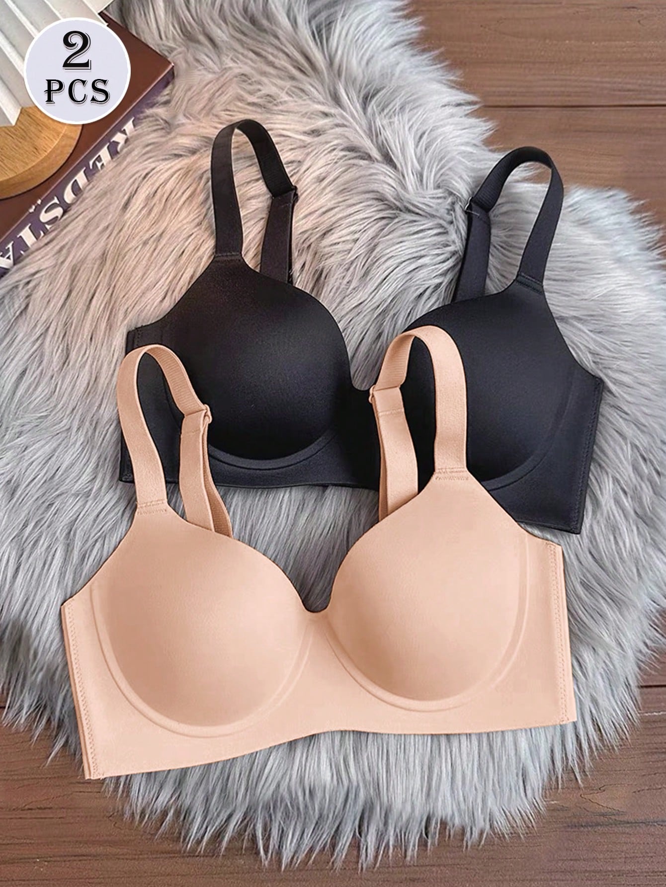 2pcs Minimalist Solid Color Bras, Wire-Free Padded Push-Up Seamless Underwire Bras, Full Cup