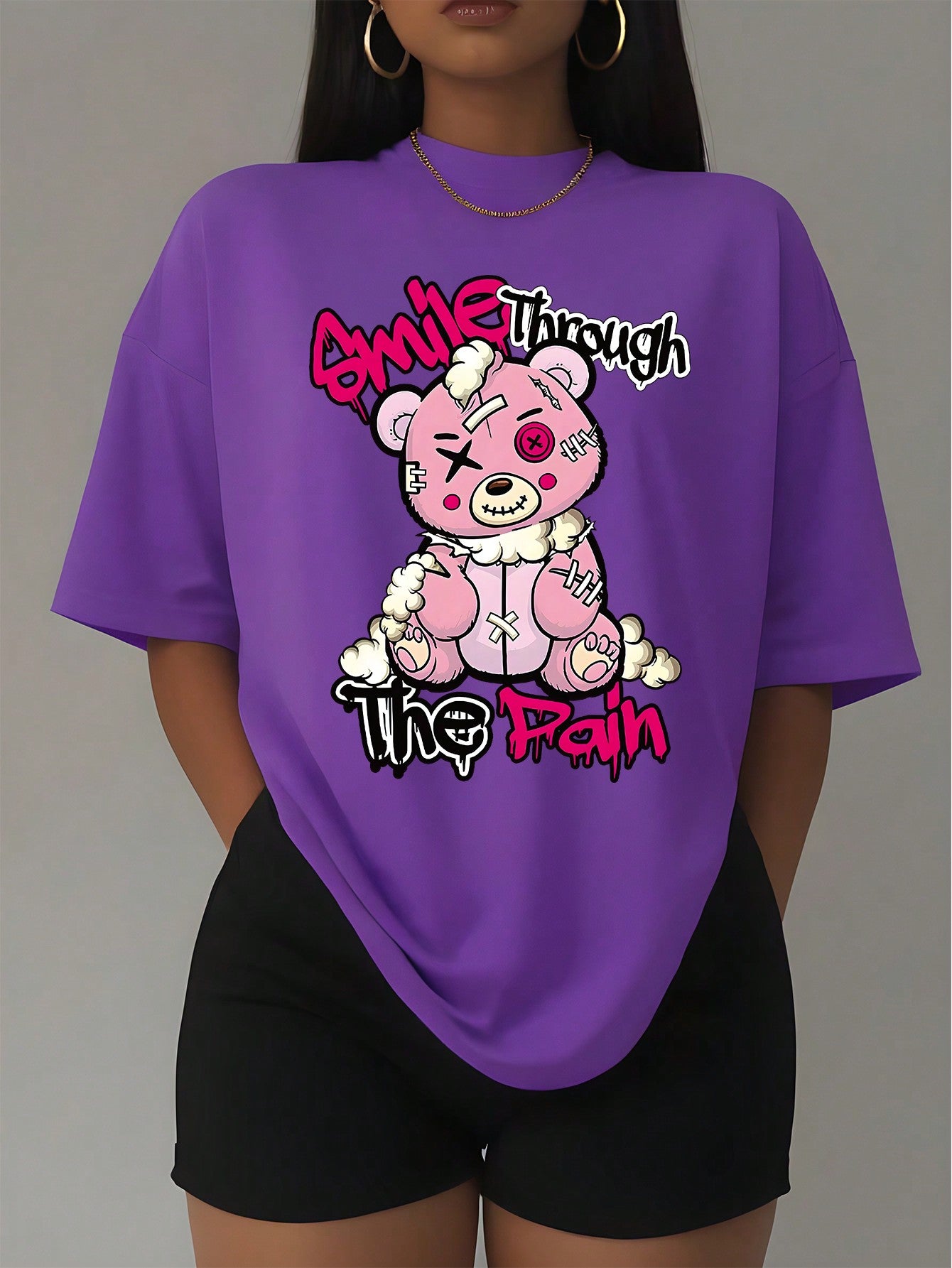 Slayr Women's Slim Fit Casual Short Sleeve T-Shirt, Summer Outfit, Leisure & Comfortable, Round Neck, Fashionable Streetwear, Printed With 'Smile Through The Pain' And Bear Design, Smile Through The Pain Graphic Tees Women Tops