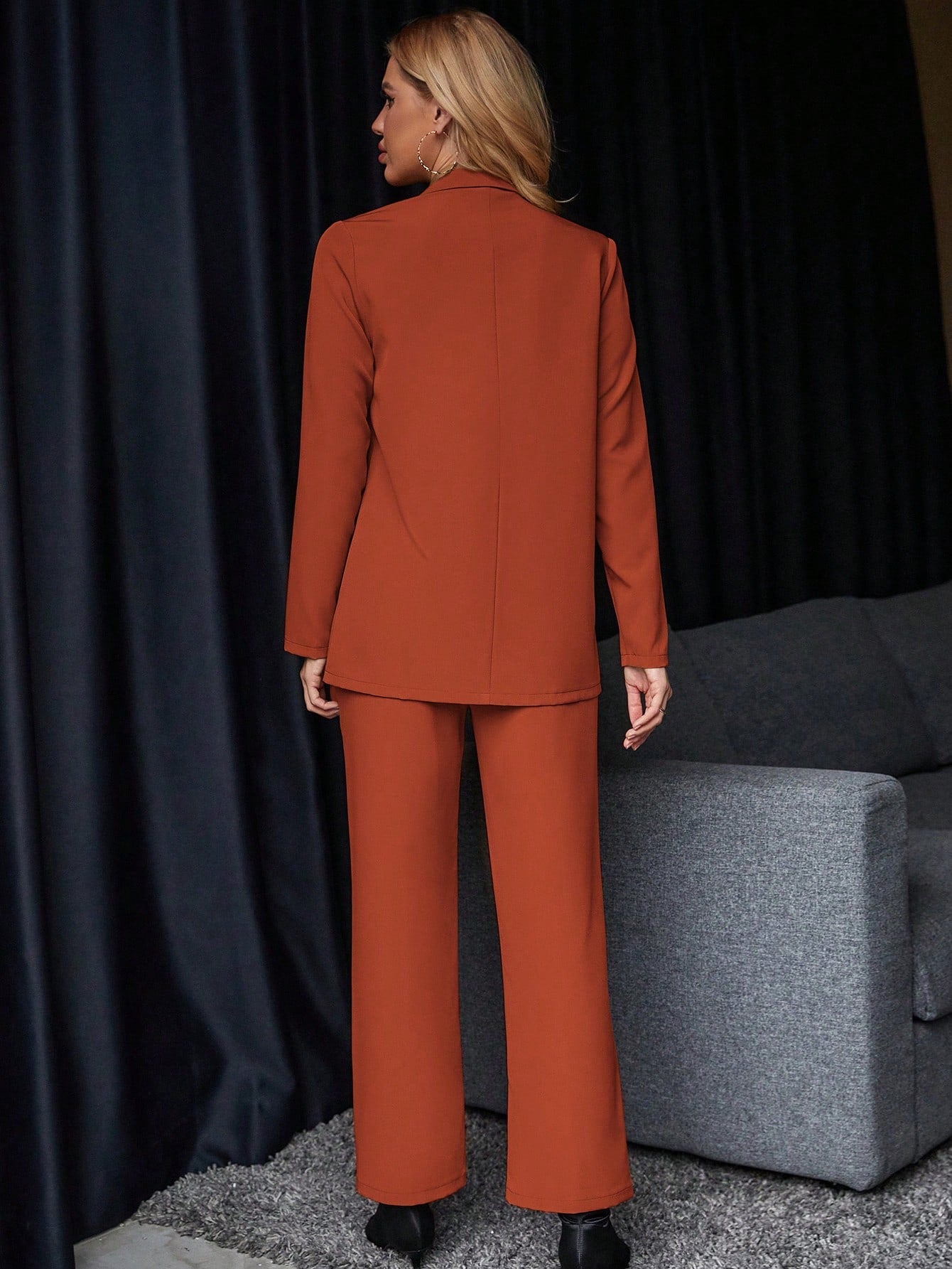 Raffinéa Women's Solid Color Long Sleeve Blazer Jacket With Notched Lapel And Trousers Suit Set