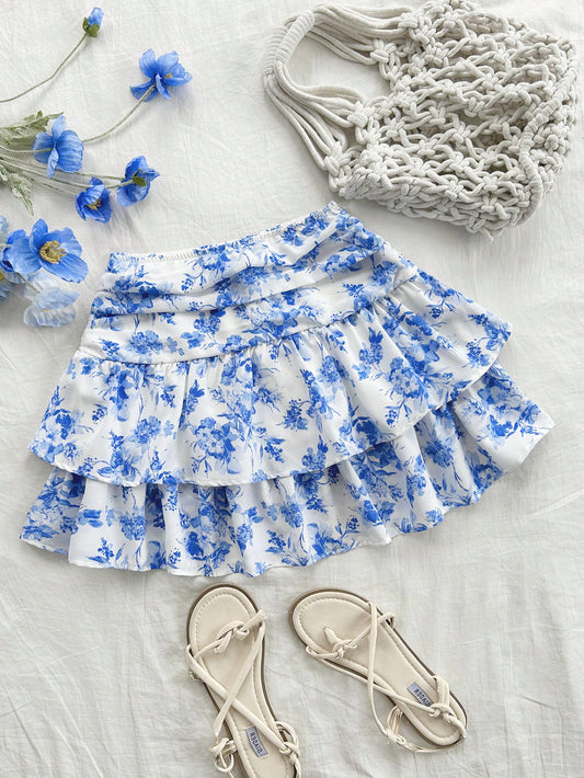 WYWH Women's Romantic Vintage Blue & White Floral Print Ruched Double-Layer Ruffle Hem Mini Cute Lunch Casual Skirt For Summer, Back To School