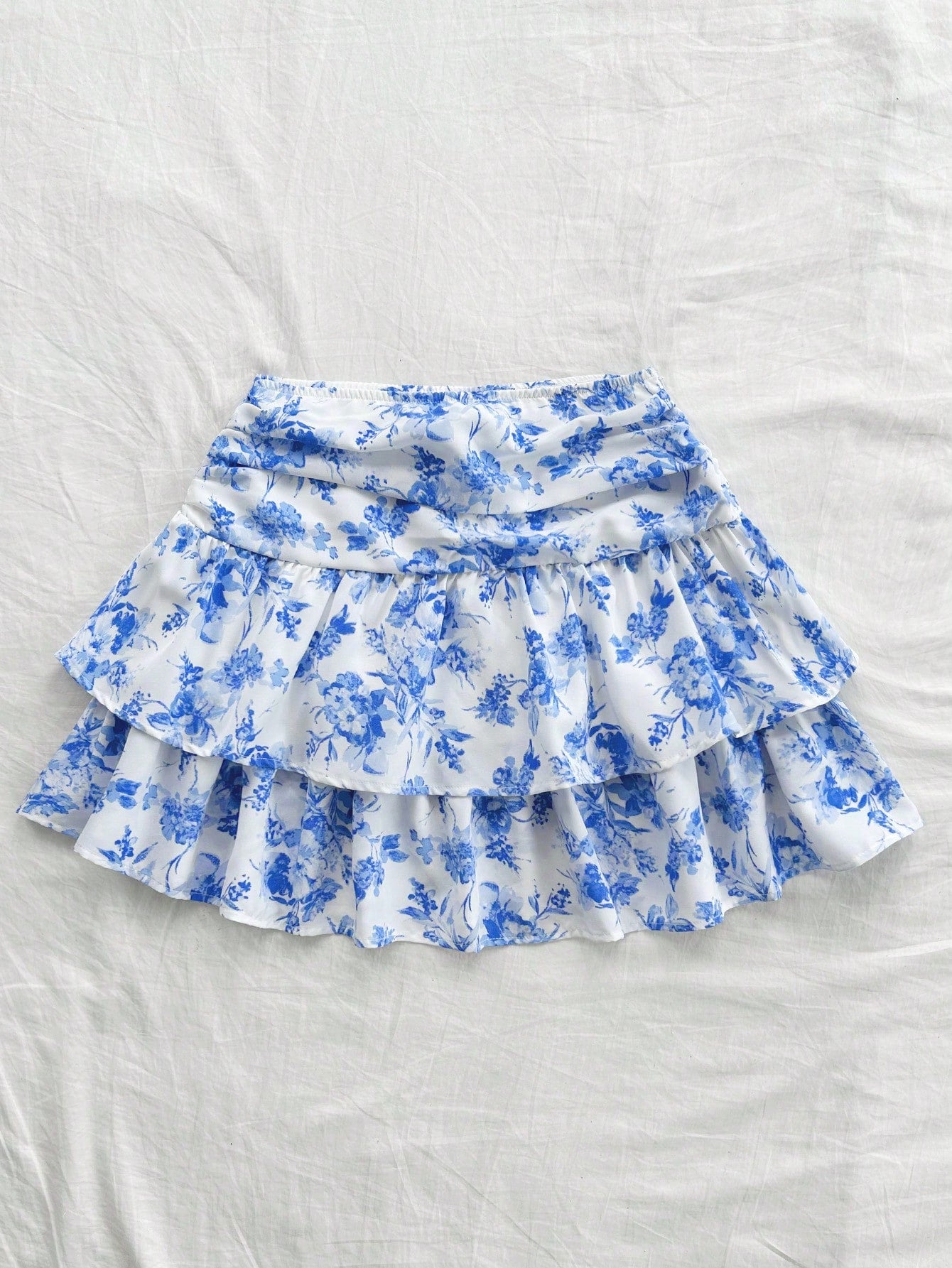 WYWH Women's Romantic Vintage Blue & White Floral Print Ruched Double-Layer Ruffle Hem Mini Cute Lunch Casual Skirt For Summer, Back To School