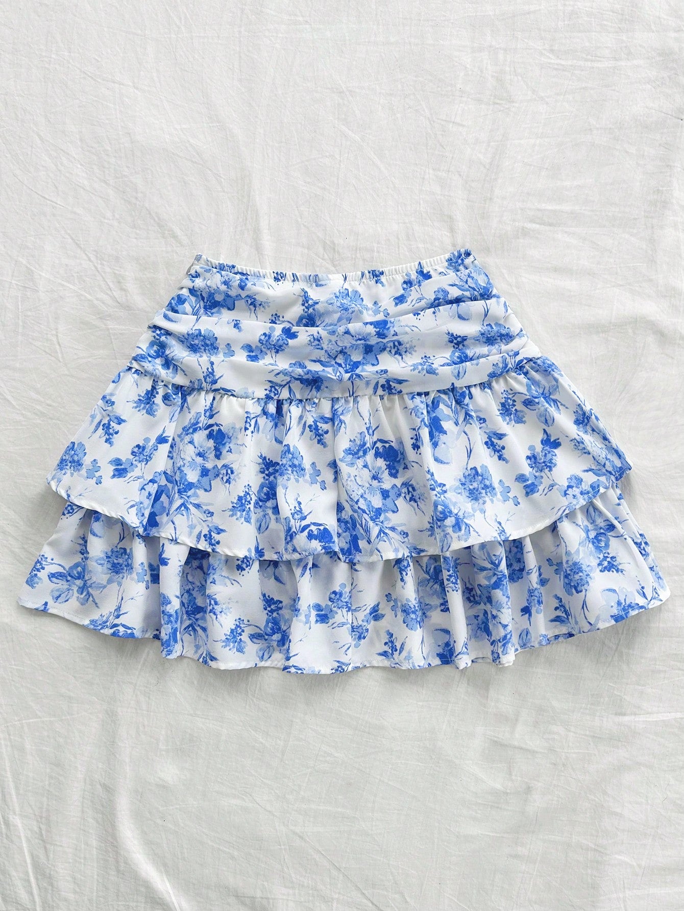 WYWH Women's Romantic Vintage Blue & White Floral Print Ruched Double-Layer Ruffle Hem Mini Cute Lunch Casual Skirt For Summer, Back To School