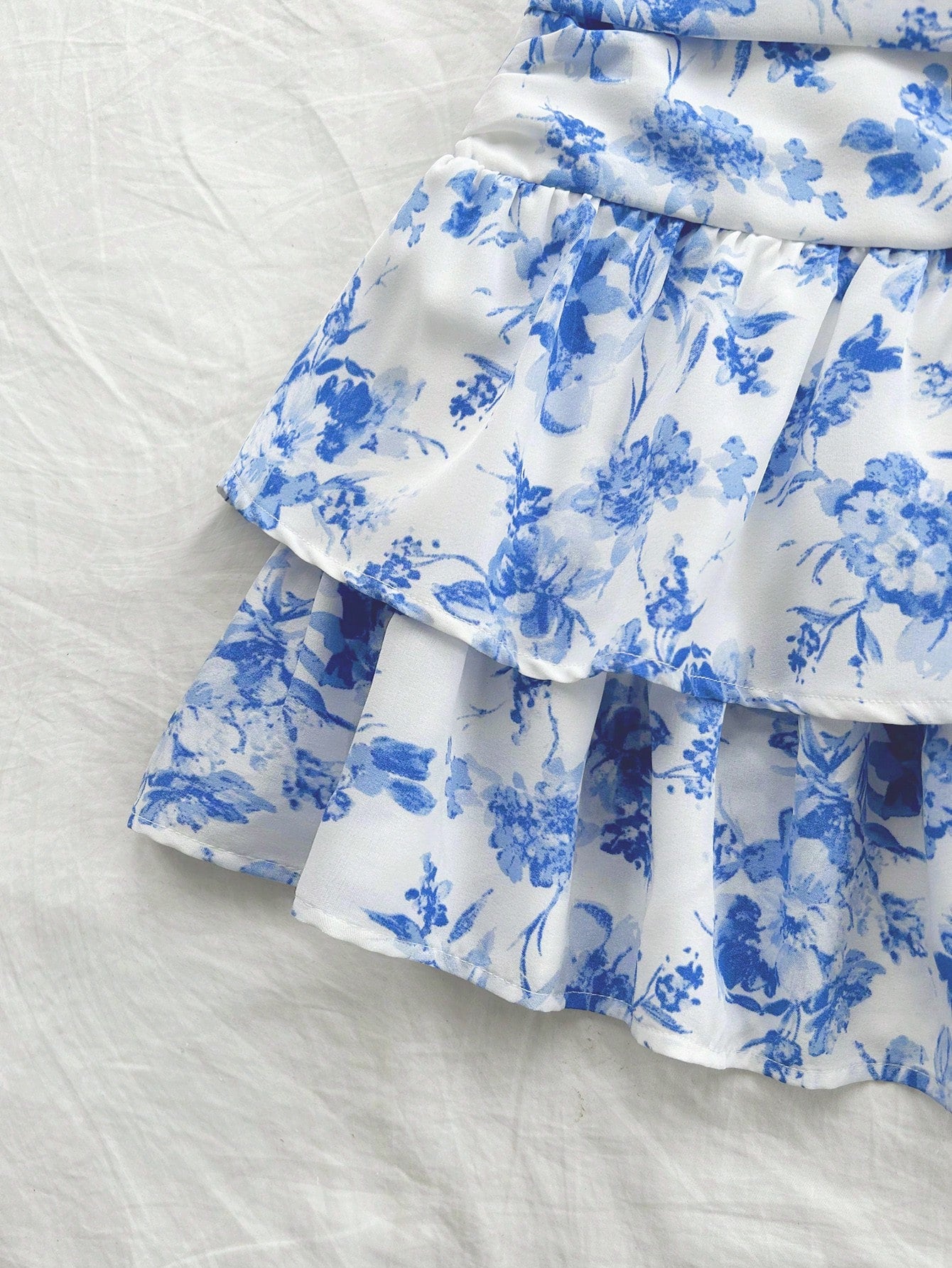 WYWH Women's Romantic Vintage Blue & White Floral Print Ruched Double-Layer Ruffle Hem Mini Cute Lunch Casual Skirt For Summer, Back To School