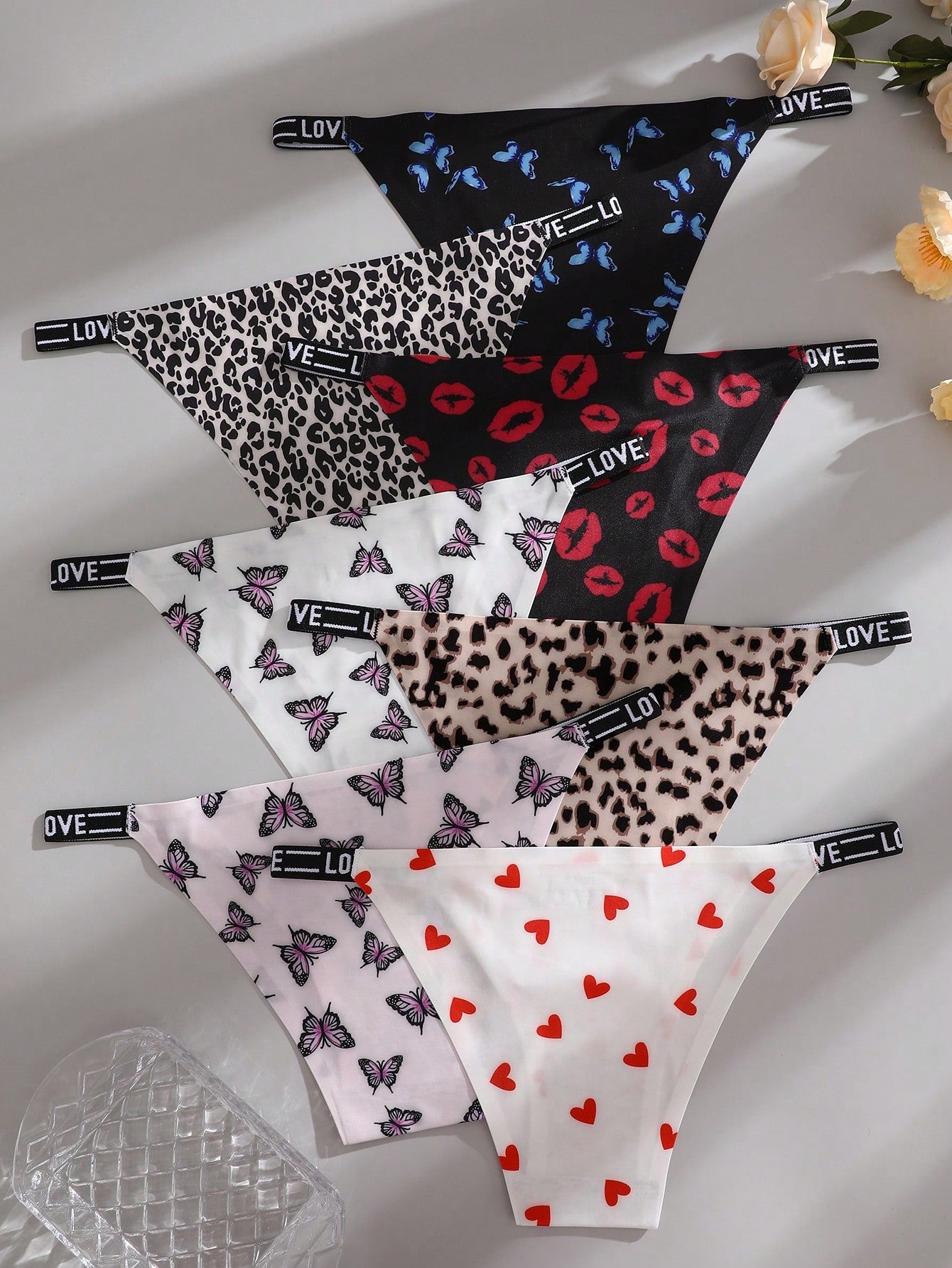 7pcs Women's Printed Seamless Panties Set In Multiple Colors, Low-Rise Brazilian Style Underwear With Lettered Trim And Printed Accessories