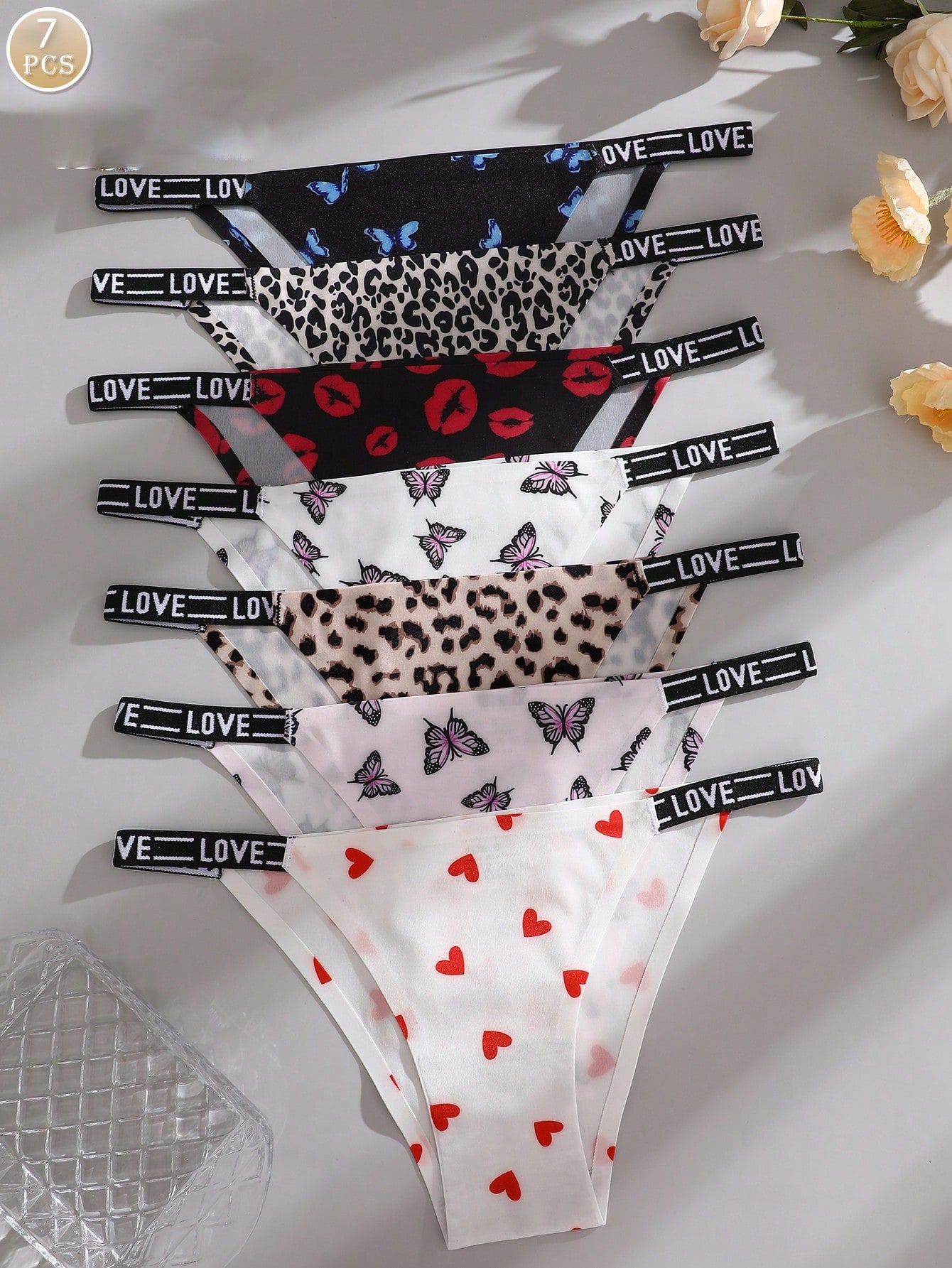 7pcs Women's Printed Seamless Panties Set In Multiple Colors, Low-Rise Brazilian Style Underwear With Lettered Trim And Printed Accessories