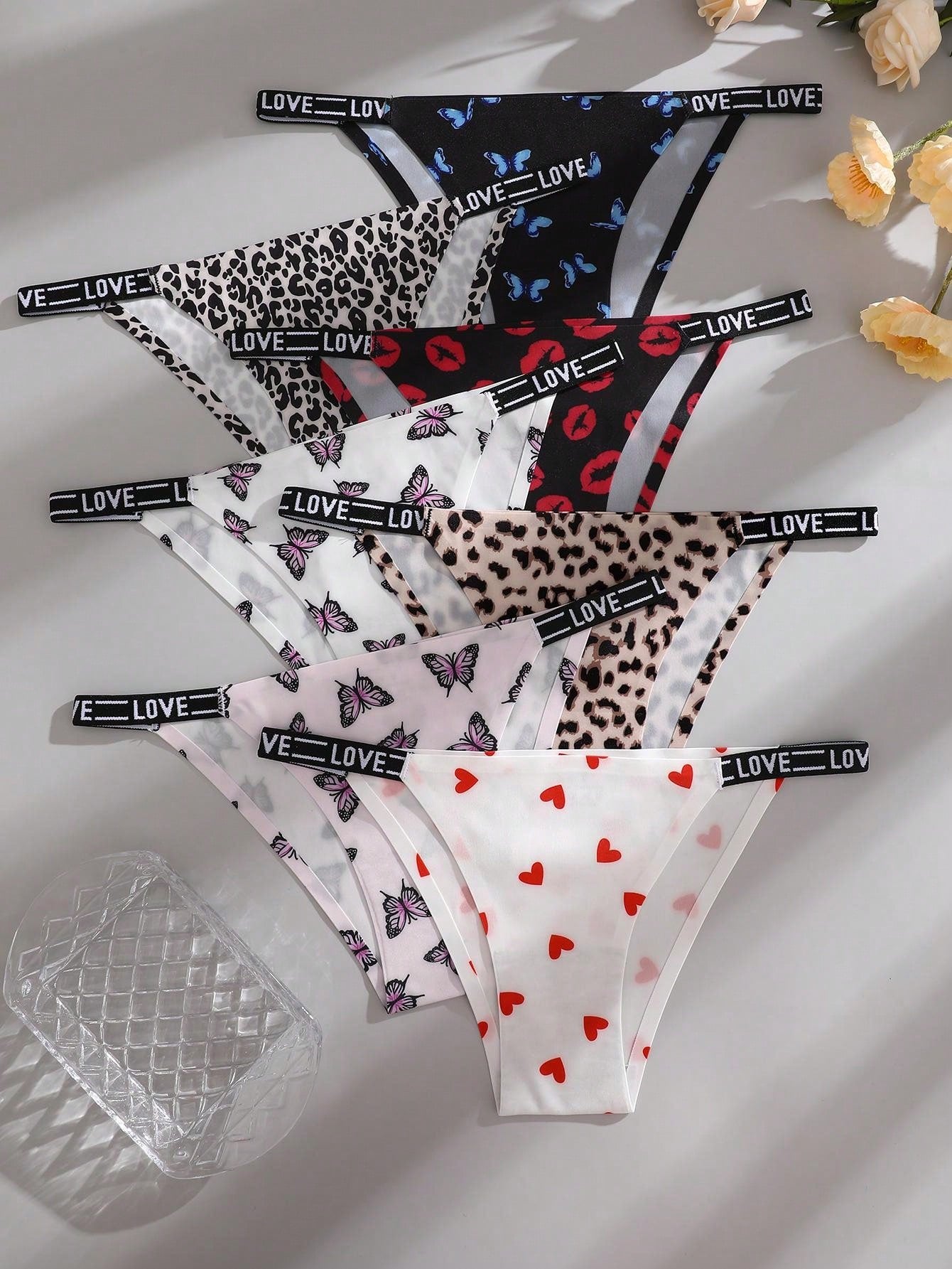 7pcs Women's Printed Seamless Panties Set In Multiple Colors, Low-Rise Brazilian Style Underwear With Lettered Trim And Printed Accessories