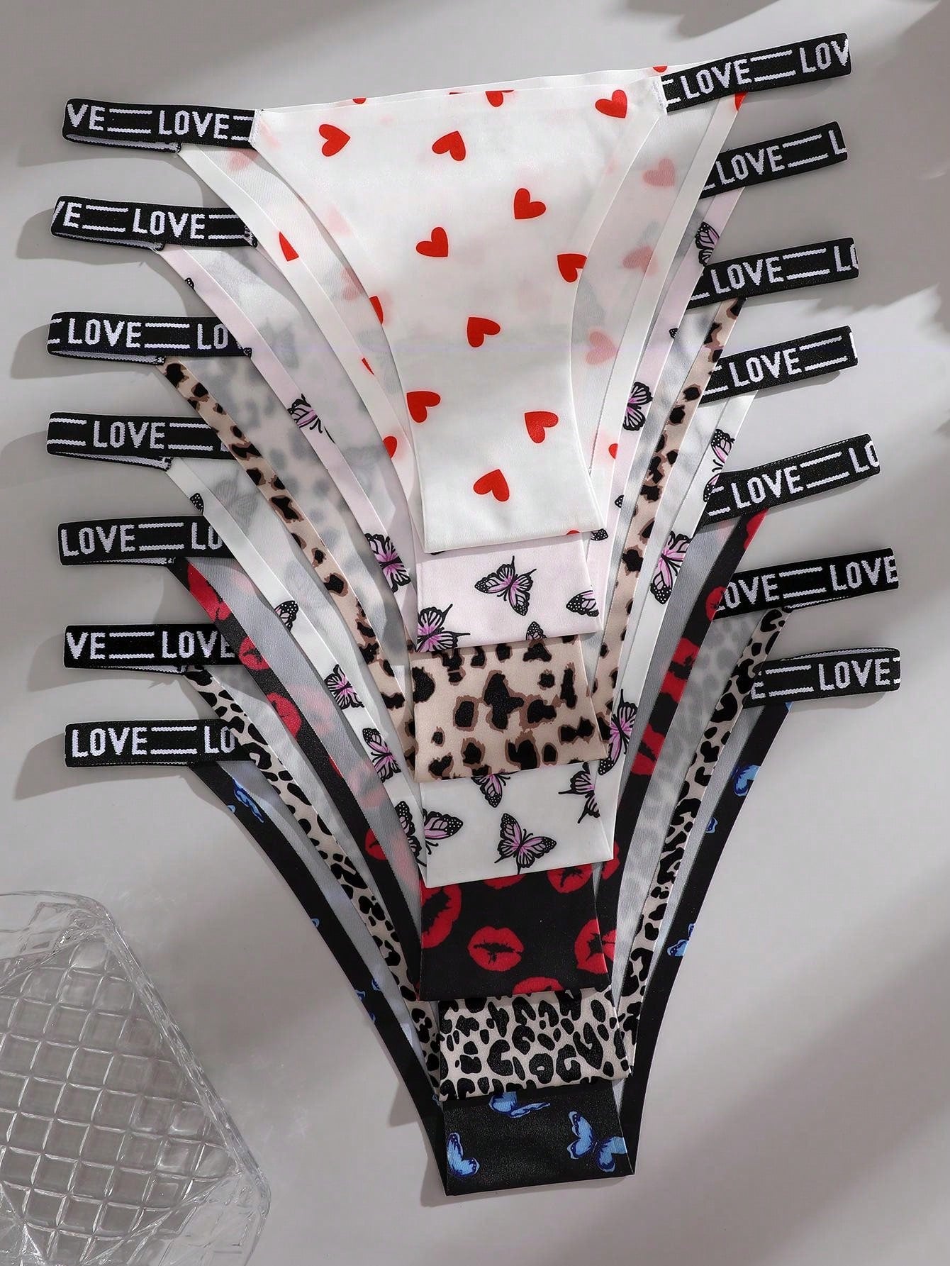 7pcs Women's Printed Seamless Panties Set In Multiple Colors, Low-Rise Brazilian Style Underwear With Lettered Trim And Printed Accessories