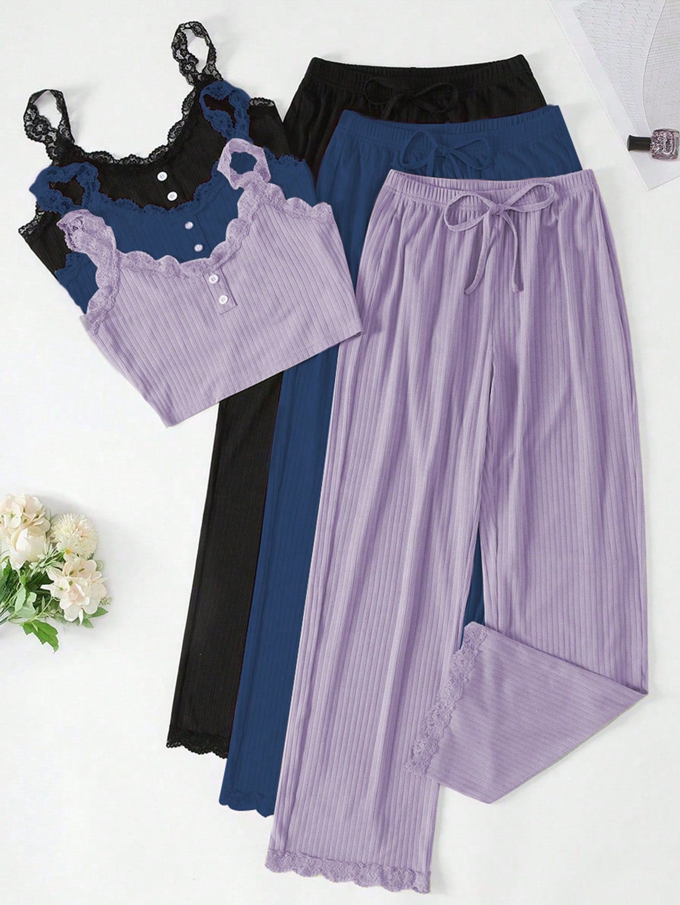 3pcs Women Lace Trim Top And Shorts Pajama Set
