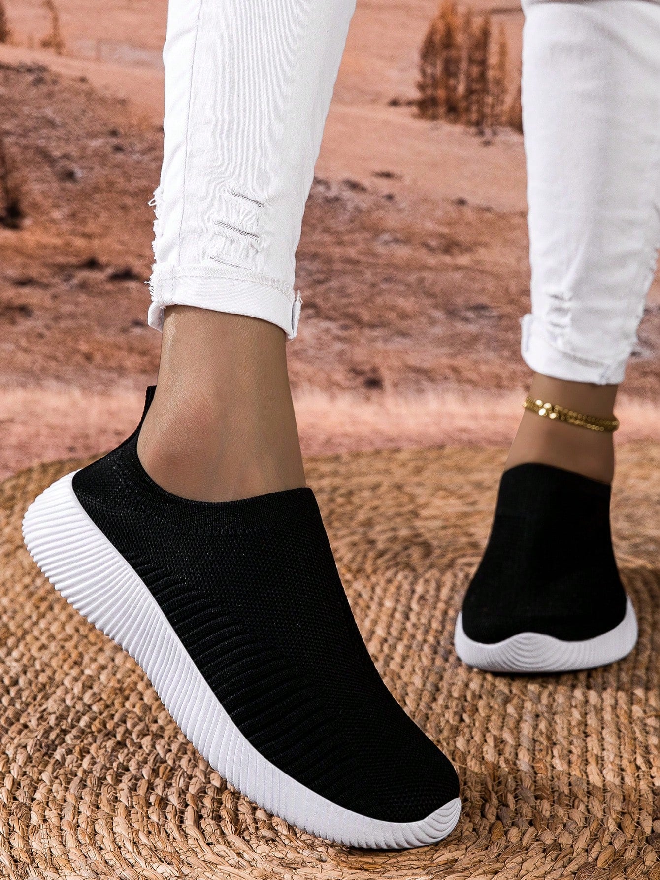 Women's Breathable Knit Casual Flat Loafers, Lightweight & Comfortable Slip-On Shoes, White