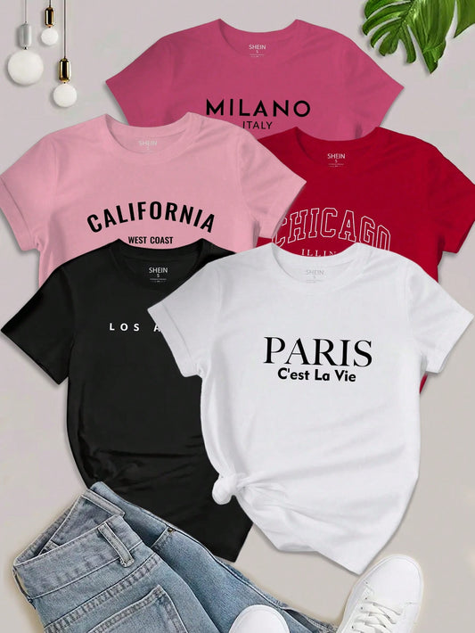 EZwear 5PCS Women's Slogan Letter Printed T-Shirt Short Sleeved Casual Top Graphic Tees Women Tops