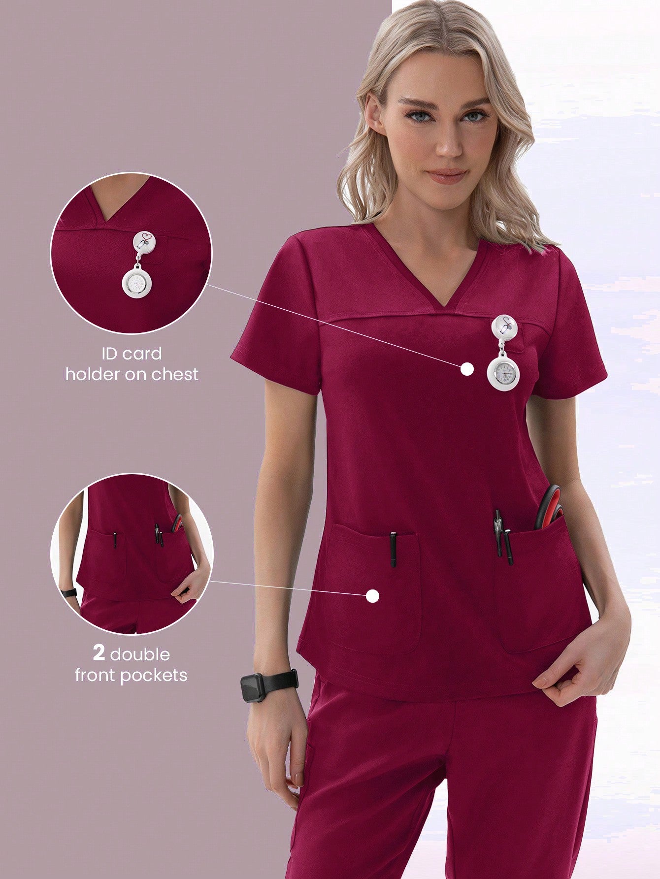 TaskFit 2-Pockets V-Neck Short Sleeve Nurse Uniform Scrub Top Clothes For Women