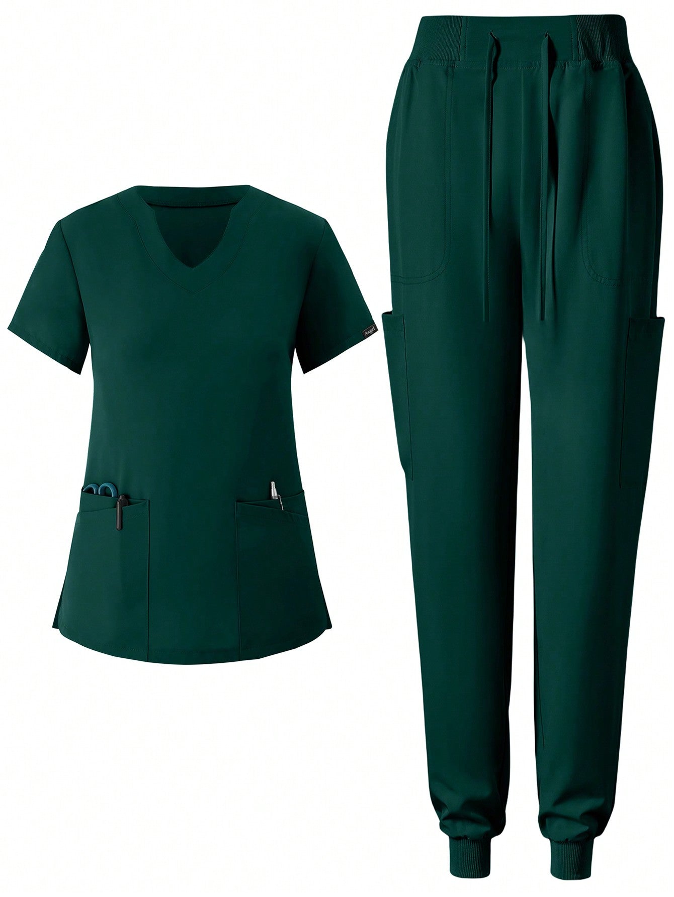 Women's Matte Elastic Jogging Nurse Uniforms Scrub Set, Breathable Pocketed Workwear For Hygiene And Hand Cleaning