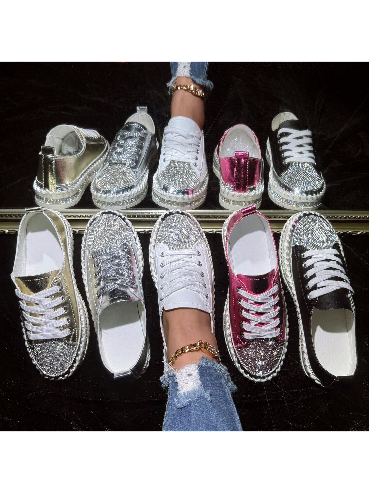 Women's Sparkling Pink Diamond Lace-Up Sneakers, Fashionable Casual Sports Shoes With Soft Soles, Suitable For College Students