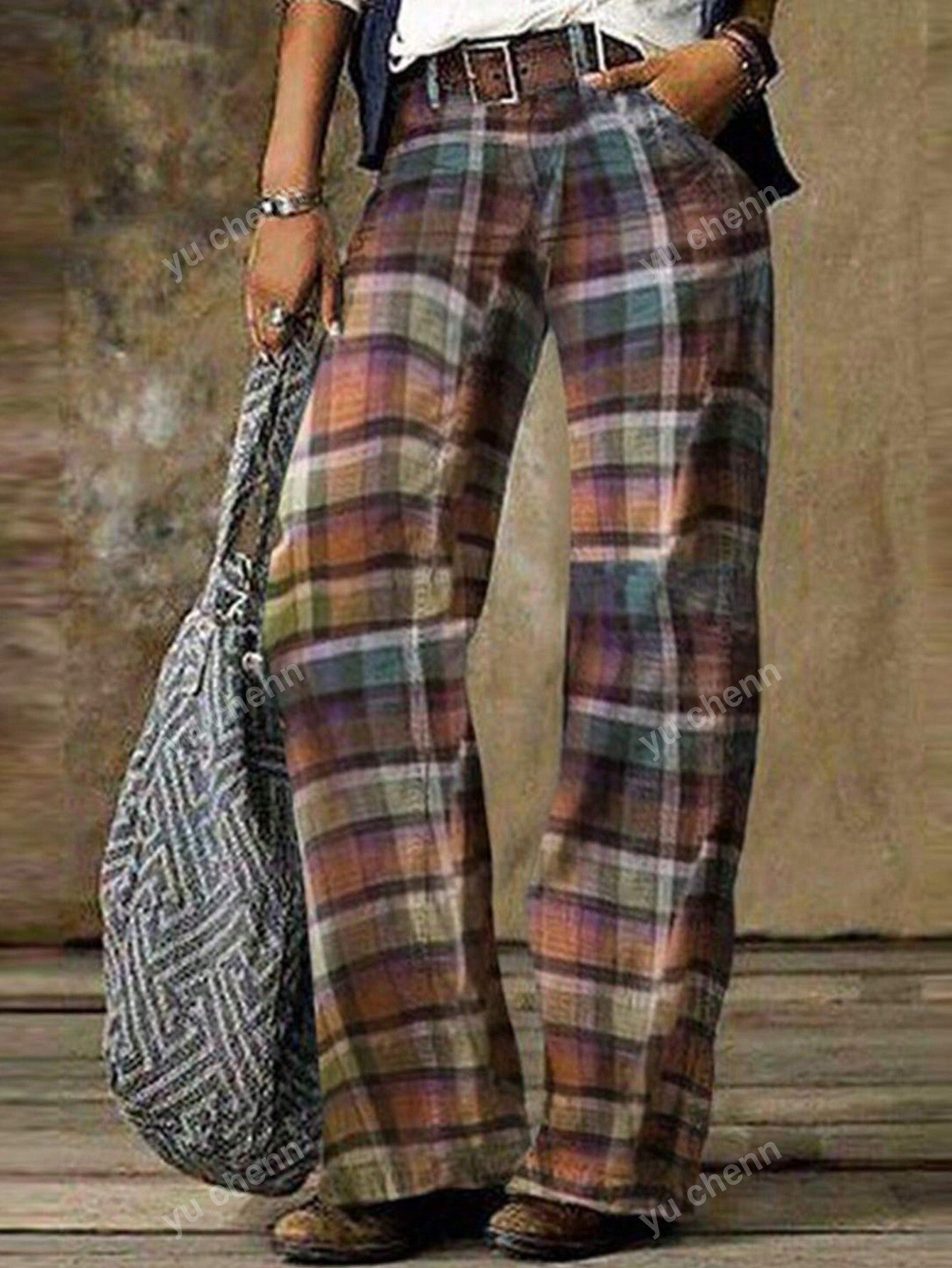 Women Casual Plaid Print Loose Wide Leg Pants