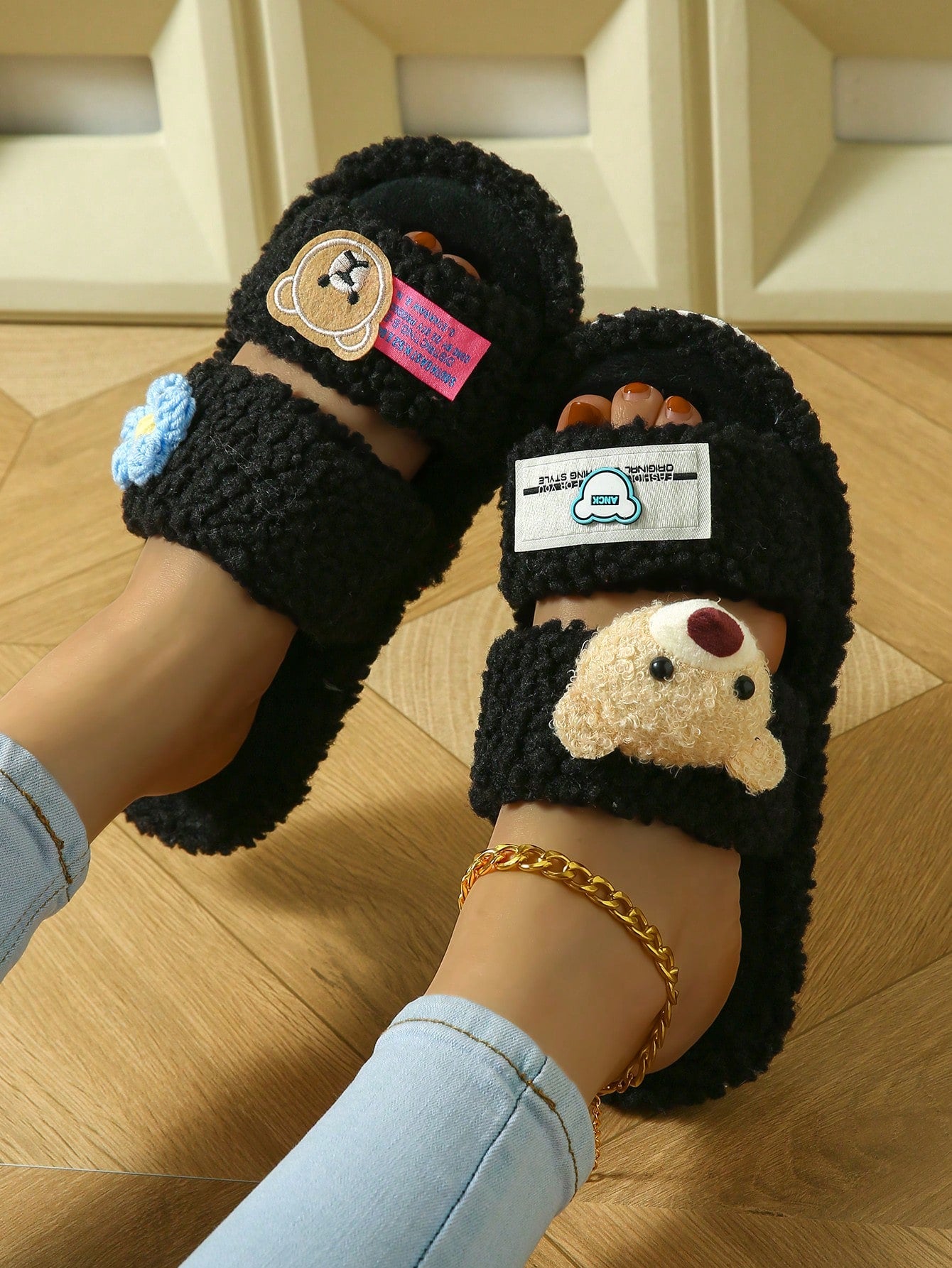Women's Home Plush Slippers Animal Slippers Bear Slippers Black Slippers Cute Slippers Fashion Slippers EVA Thin Bottom Slippers Lightweight Slippers Soft Bottom Slippers Mute Slippers Wooden Floor Slippers Bedroom Slippers Indoor Slippers Household Slip