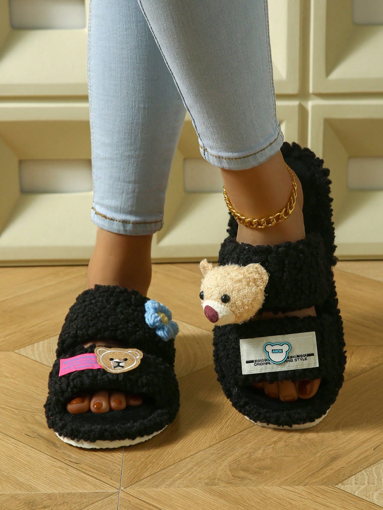 Women's Home Plush Slippers Animal Slippers Bear Slippers Black Slippers Cute Slippers Fashion Slippers EVA Thin Bottom Slippers Lightweight Slippers Soft Bottom Slippers Mute Slippers Wooden Floor Slippers Bedroom Slippers Indoor Slippers Household Slip