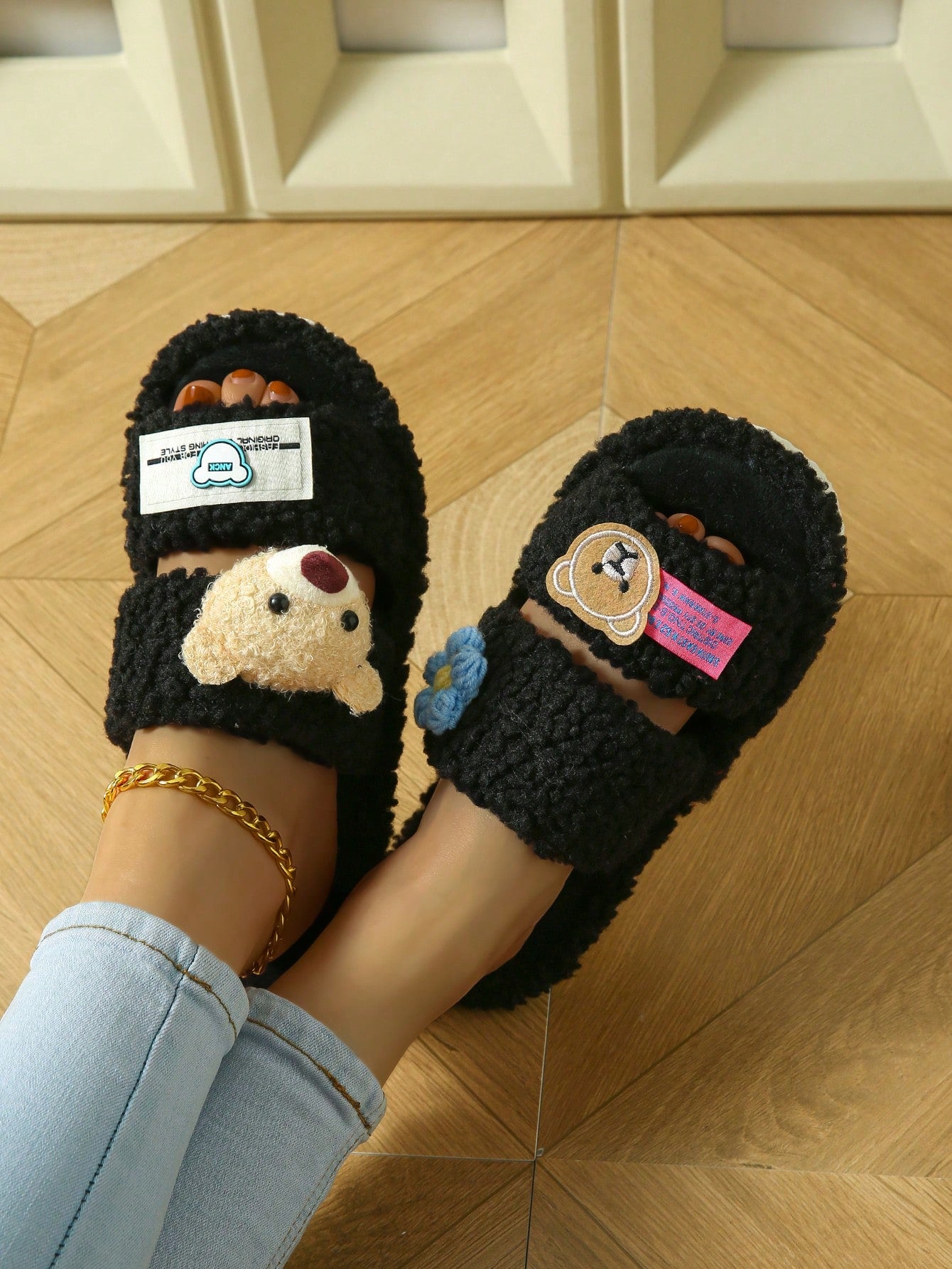 Women's Home Plush Slippers Animal Slippers Bear Slippers Black Slippers Cute Slippers Fashion Slippers EVA Thin Bottom Slippers Lightweight Slippers Soft Bottom Slippers Mute Slippers Wooden Floor Slippers Bedroom Slippers Indoor Slippers Household Slip