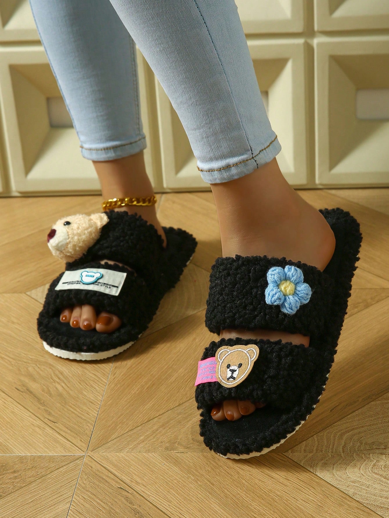 Women's Home Plush Slippers Animal Slippers Bear Slippers Black Slippers Cute Slippers Fashion Slippers EVA Thin Bottom Slippers Lightweight Slippers Soft Bottom Slippers Mute Slippers Wooden Floor Slippers Bedroom Slippers Indoor Slippers Household Slip
