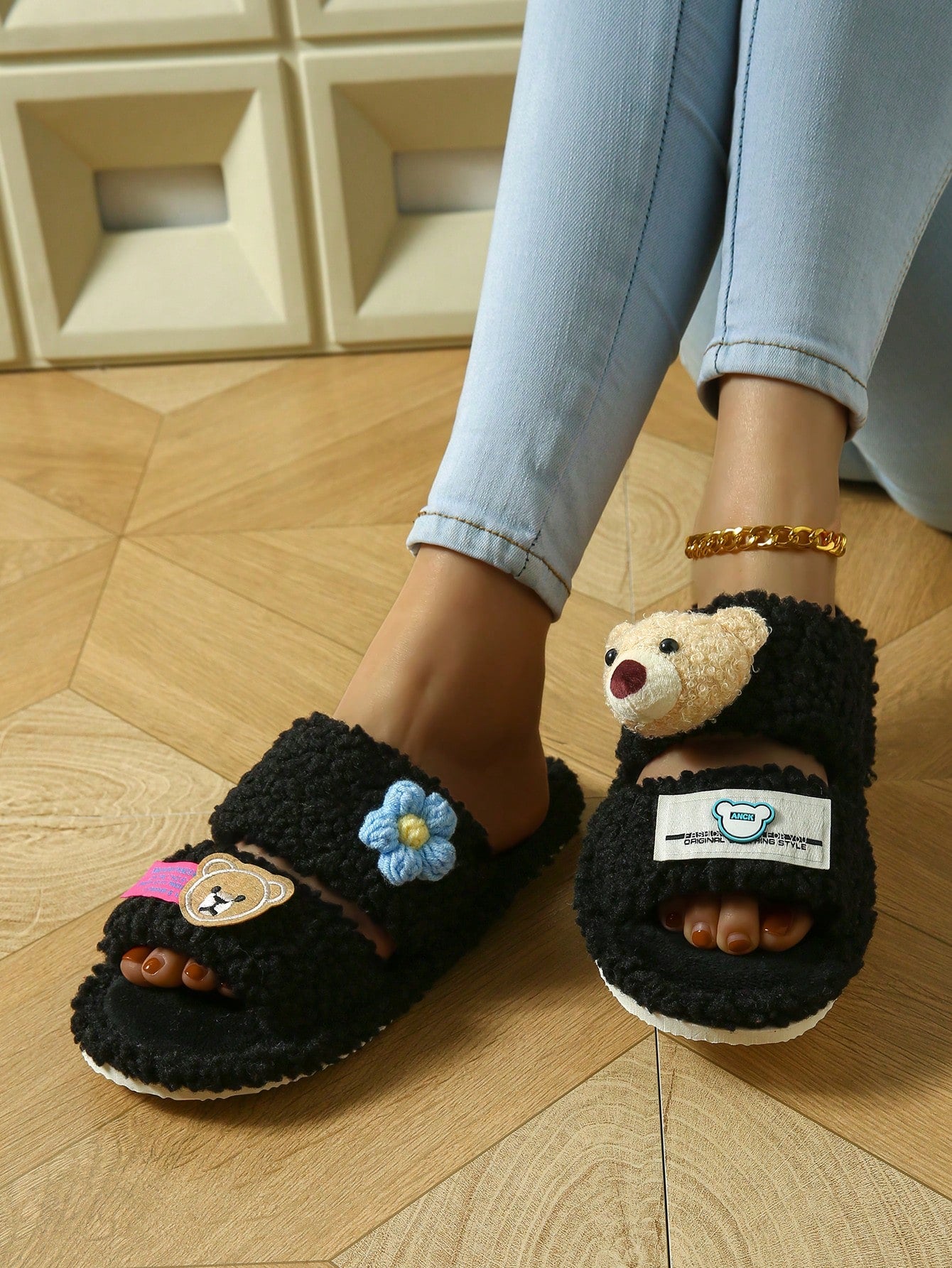 Women's Home Plush Slippers Animal Slippers Bear Slippers Black Slippers Cute Slippers Fashion Slippers EVA Thin Bottom Slippers Lightweight Slippers Soft Bottom Slippers Mute Slippers Wooden Floor Slippers Bedroom Slippers Indoor Slippers Household Slip