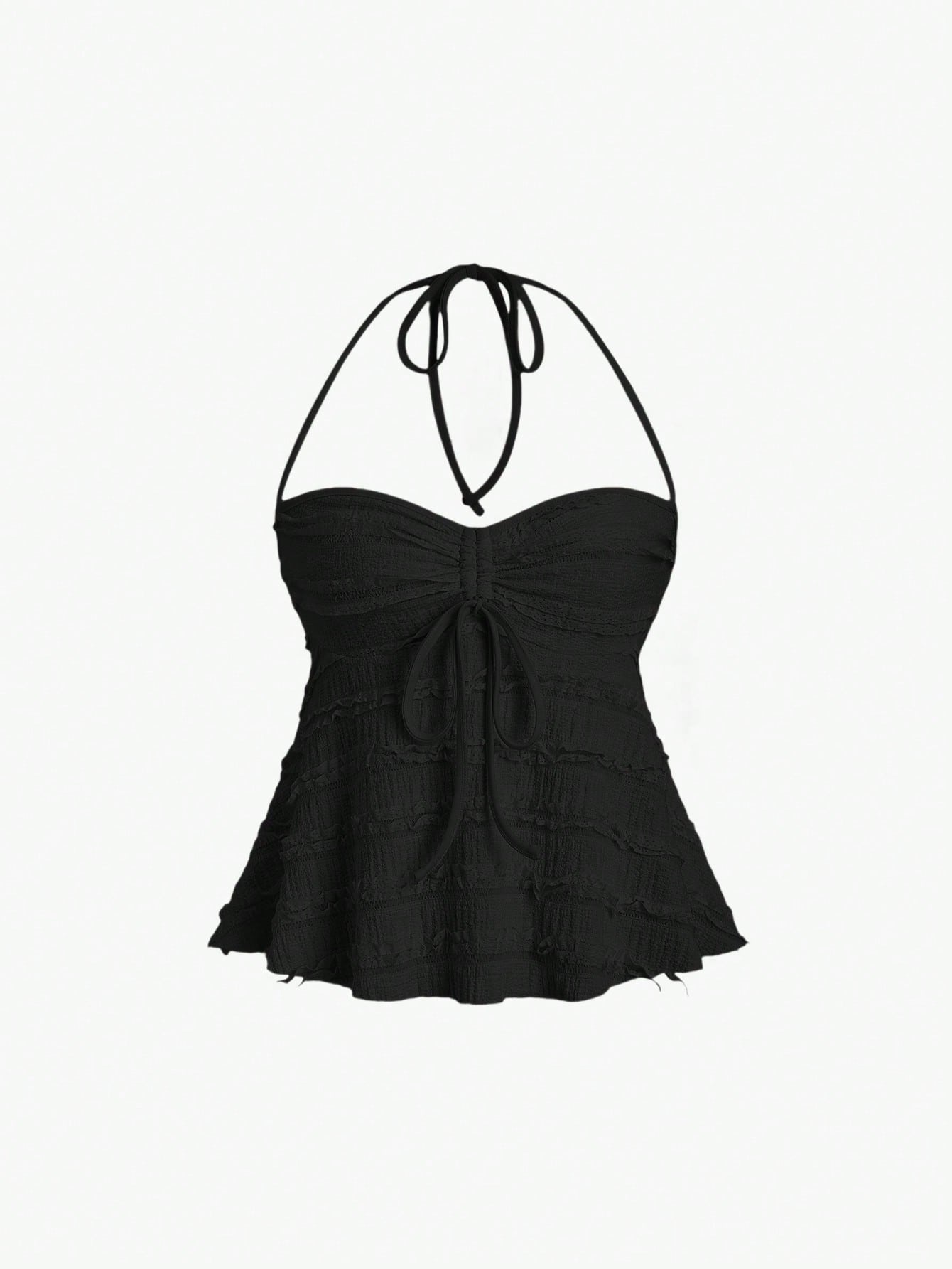 Sweetra Solid Color Drawstring Halter Backless Sexy Summer Tank Top