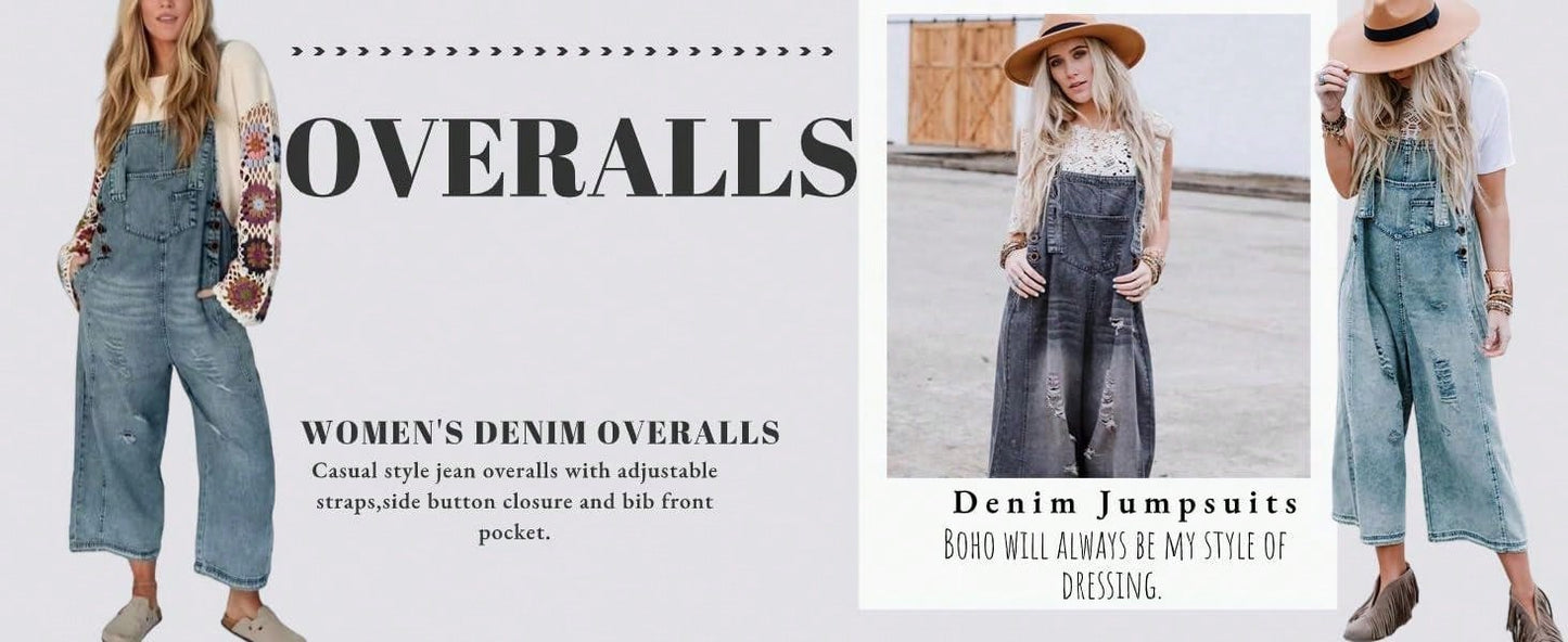 PiePieBuy PiePieBuy Women's Casual Denim Overall Jumpsuit , Loose Adjustable Shoulder Straps Make Old Denim Cargo Belt Pockets