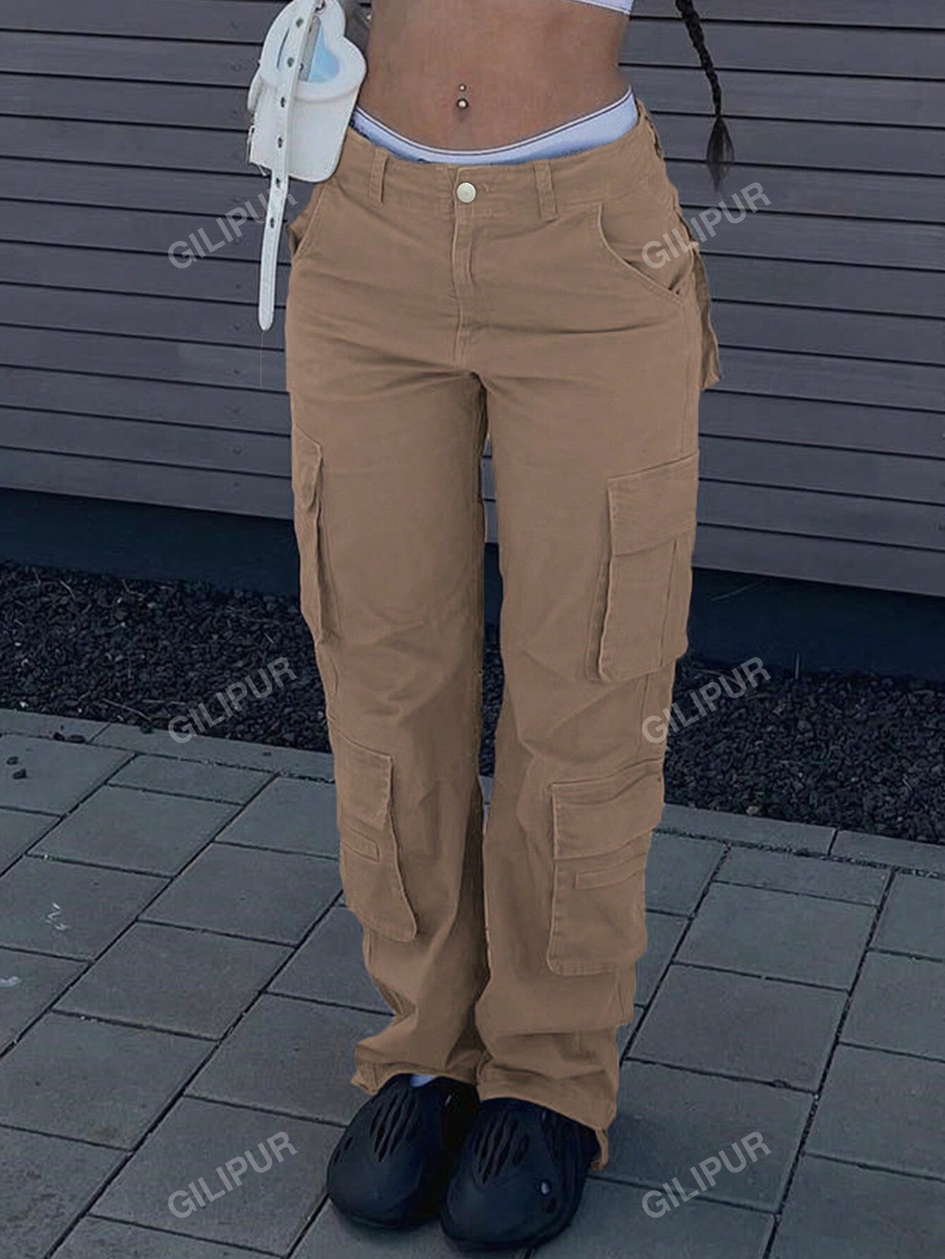 Straight Leg Loose Solid Color Casual Cargo Pants For Women