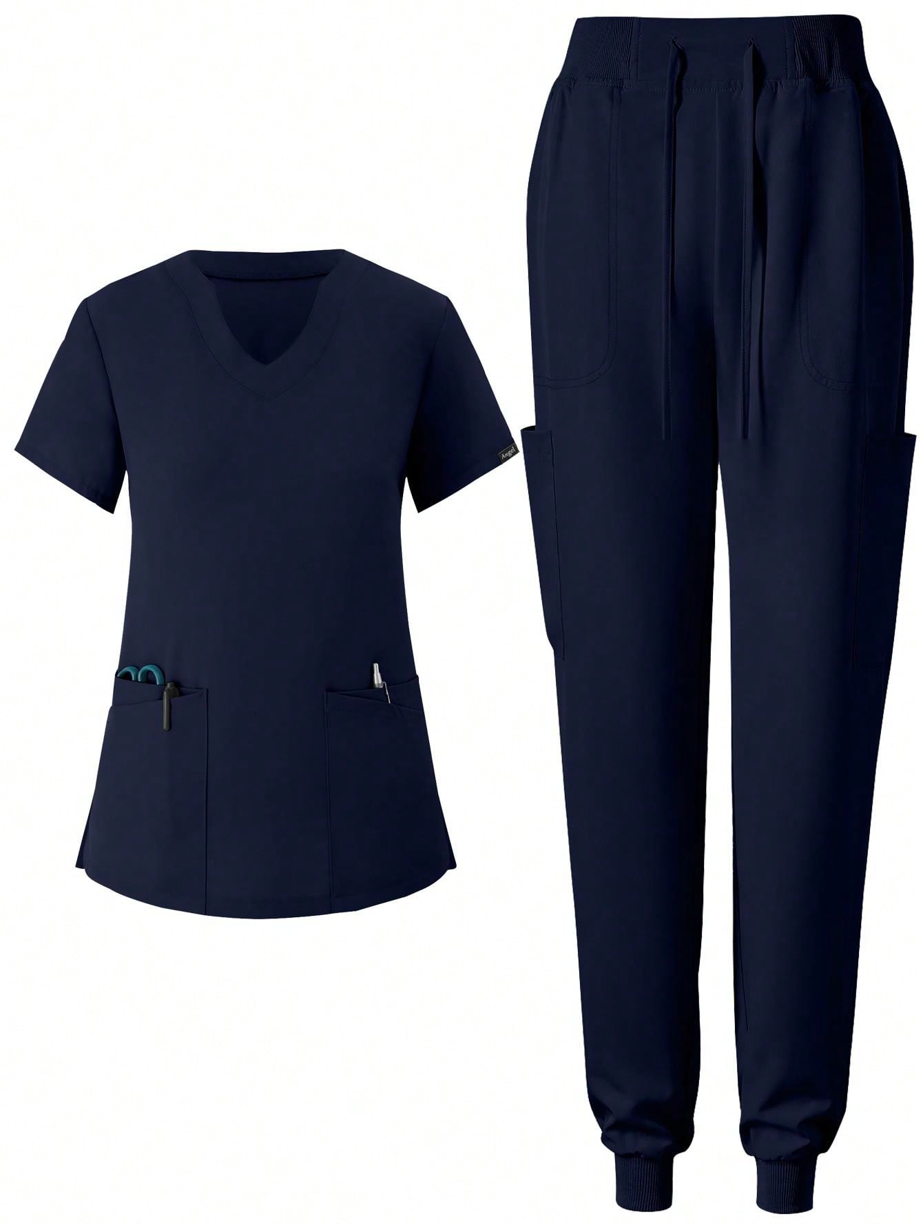 Women's Matte Elastic Jogging Nurse Uniforms Scrub Set, Breathable Pocketed Workwear For Hygiene And Hand Cleaning