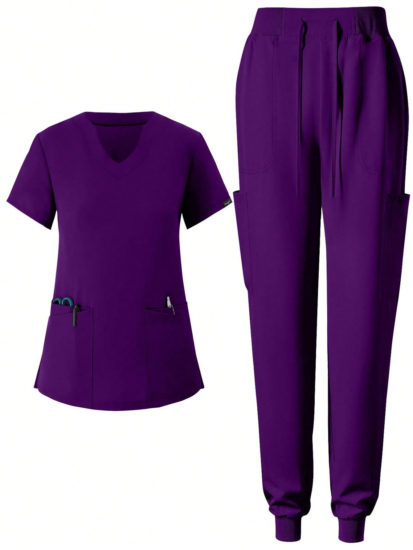 Women's Matte Elastic Jogging Nurse Uniforms Scrub Set, Breathable Pocketed Workwear For Hygiene And Hand Cleaning