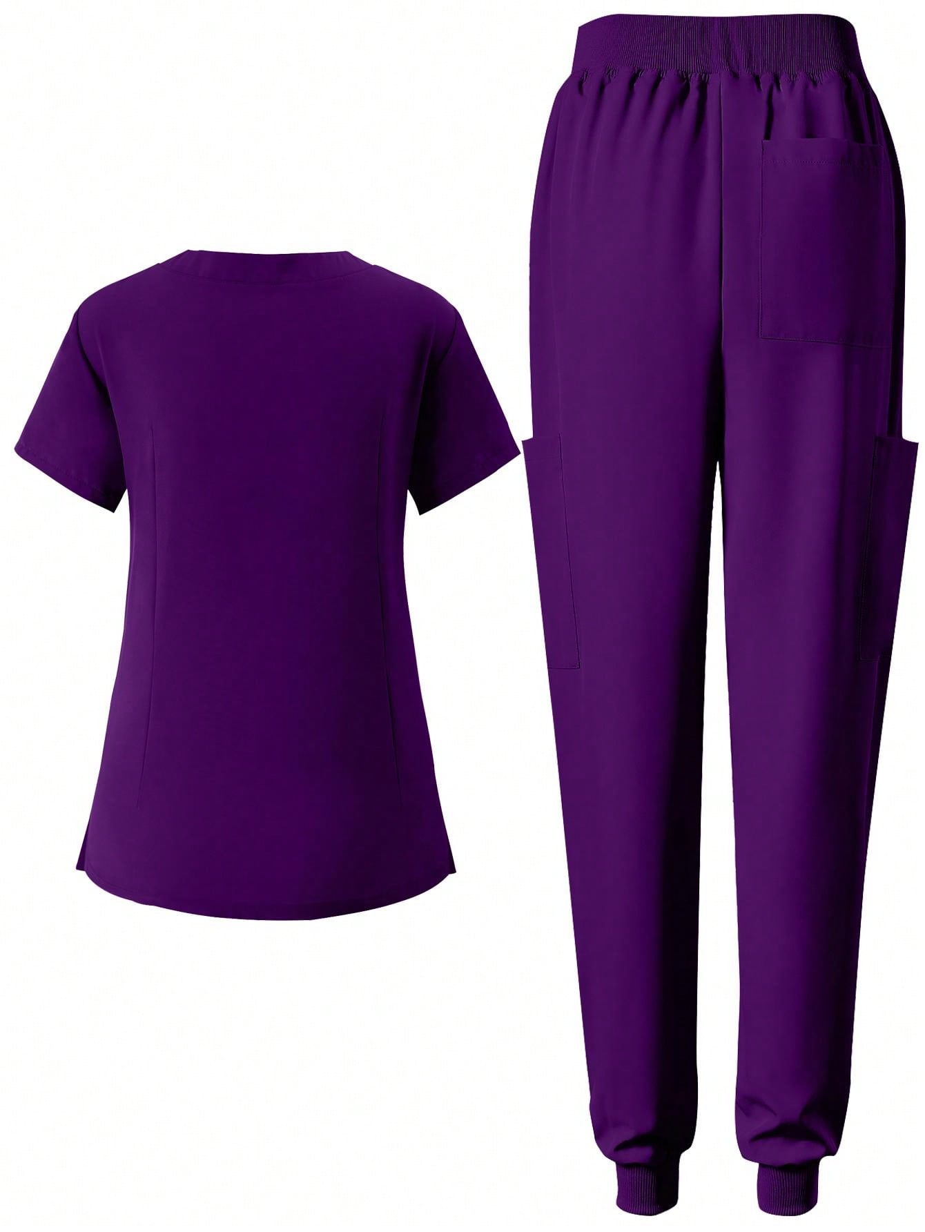 Women's Matte Elastic Jogging Nurse Uniforms Scrub Set, Breathable Pocketed Workwear For Hygiene And Hand Cleaning