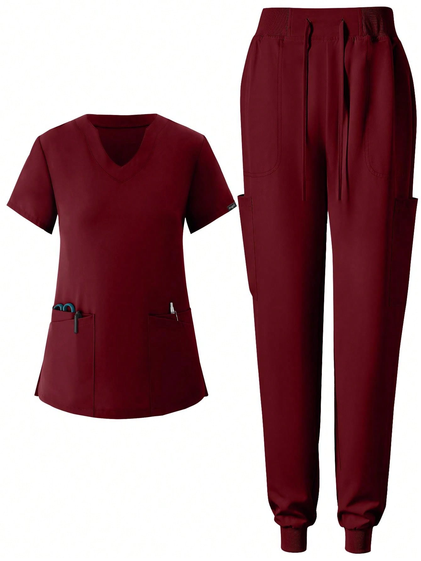 Women's Matte Elastic Jogging Nurse Uniforms Scrub Set, Breathable Pocketed Workwear For Hygiene And Hand Cleaning