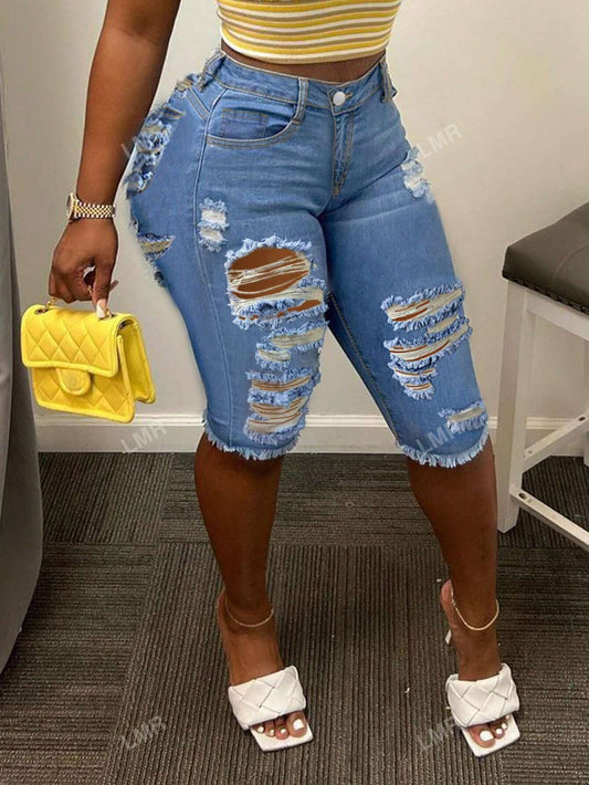 Ladies" Bermuda Casual Denim Shorts With Distressed Holes, Pocket And Frayed Hem