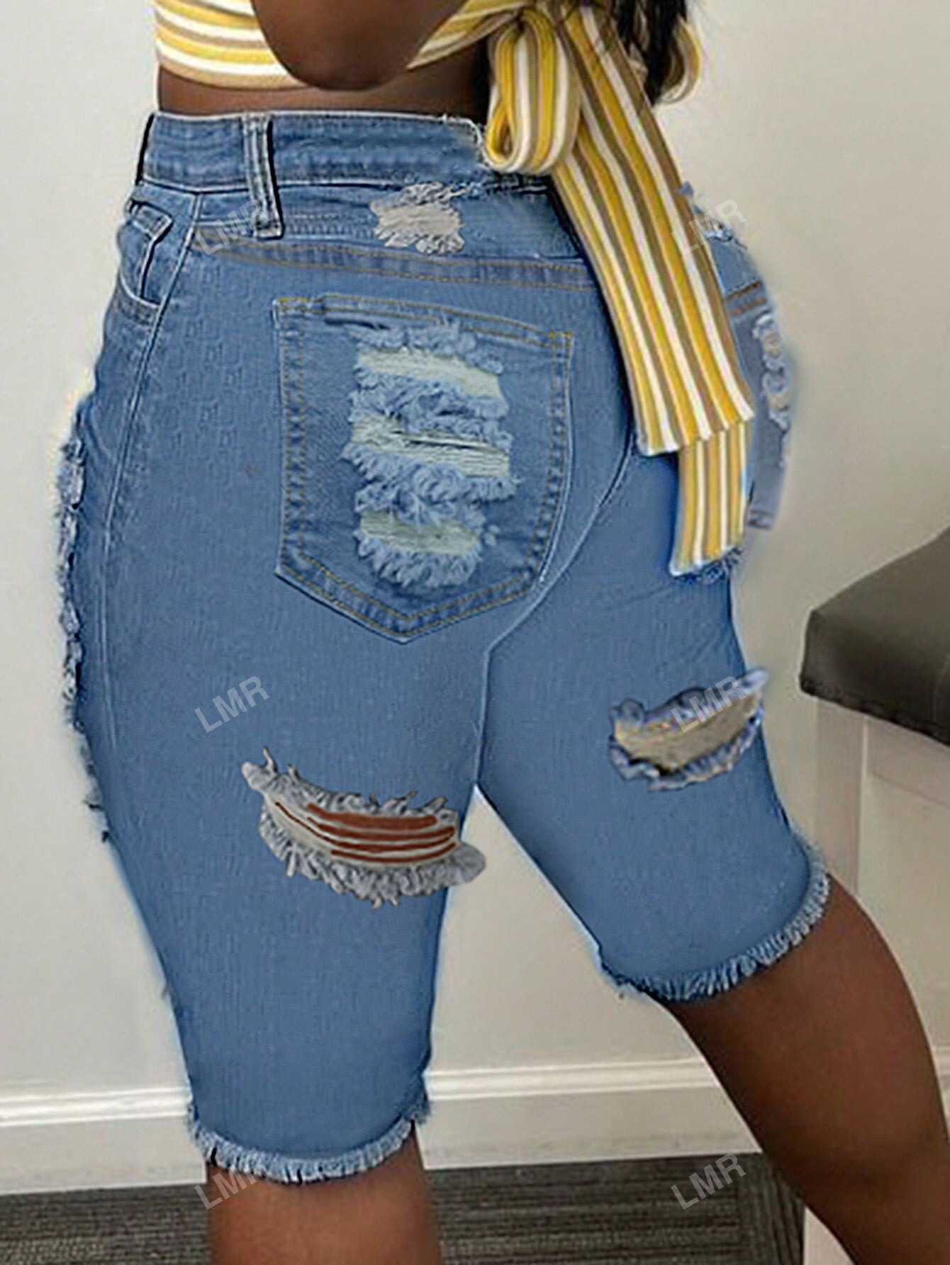 Ladies" Bermuda Casual Denim Shorts With Distressed Holes, Pocket And Frayed Hem