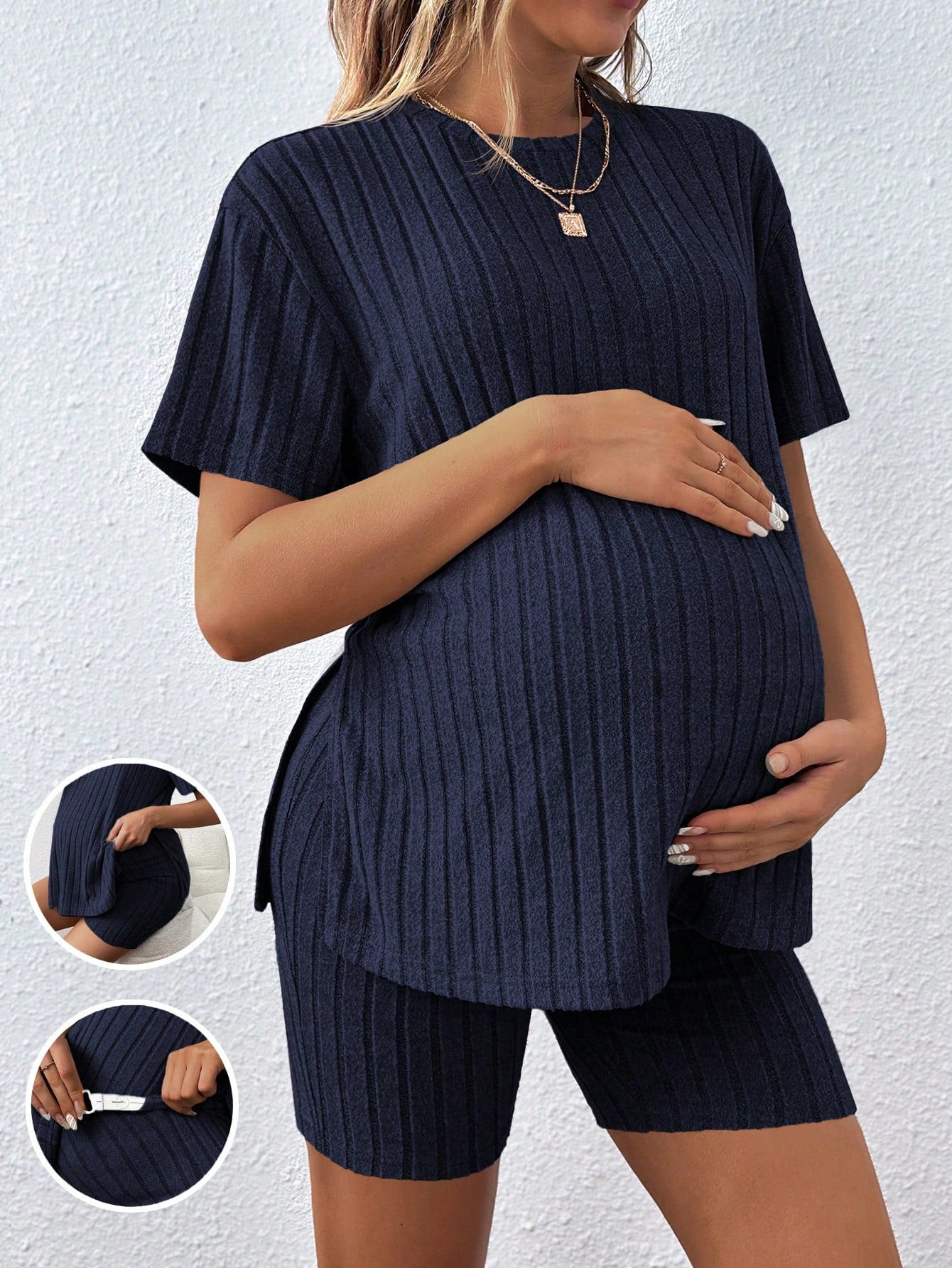 Women's Casual Loose Round Neck T-Shirt With Adjustable Elastic Waist Shorts, Maternity 2pcs Set