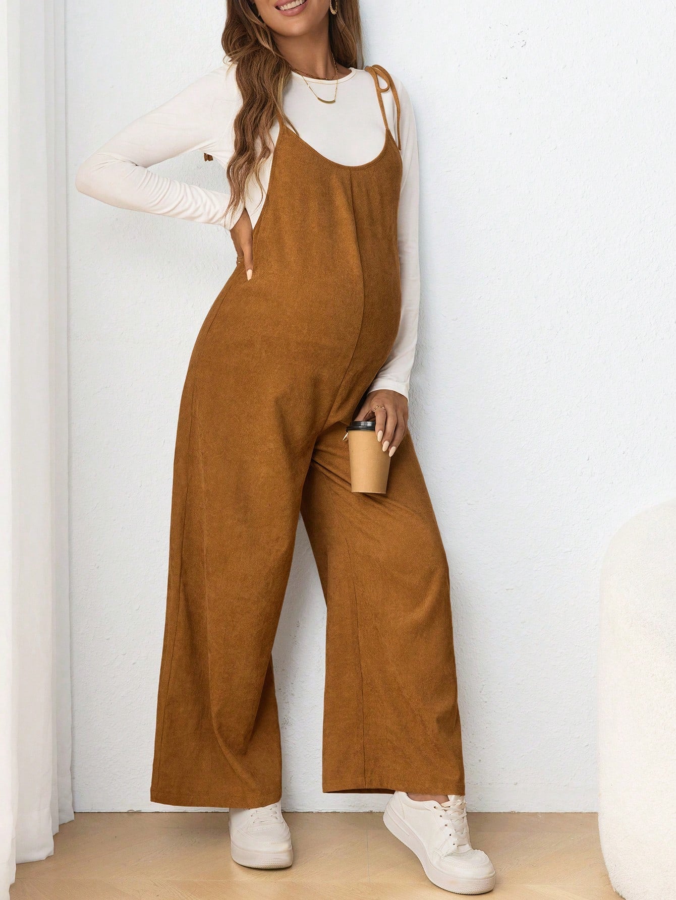 Maternity Casual Sling Bow Tie Jumpsuit, Form Fitting Pregnancy Clothing