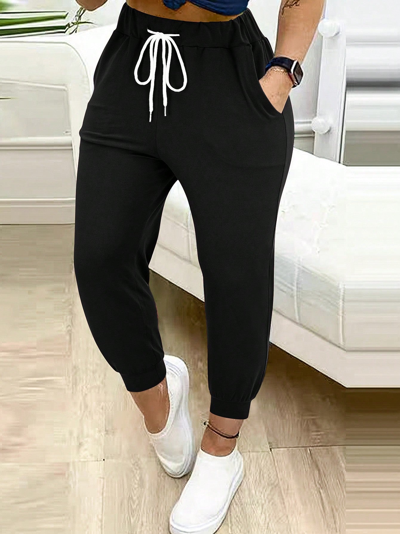 Women's Solid Color Casual Drawstring Jogger Pants