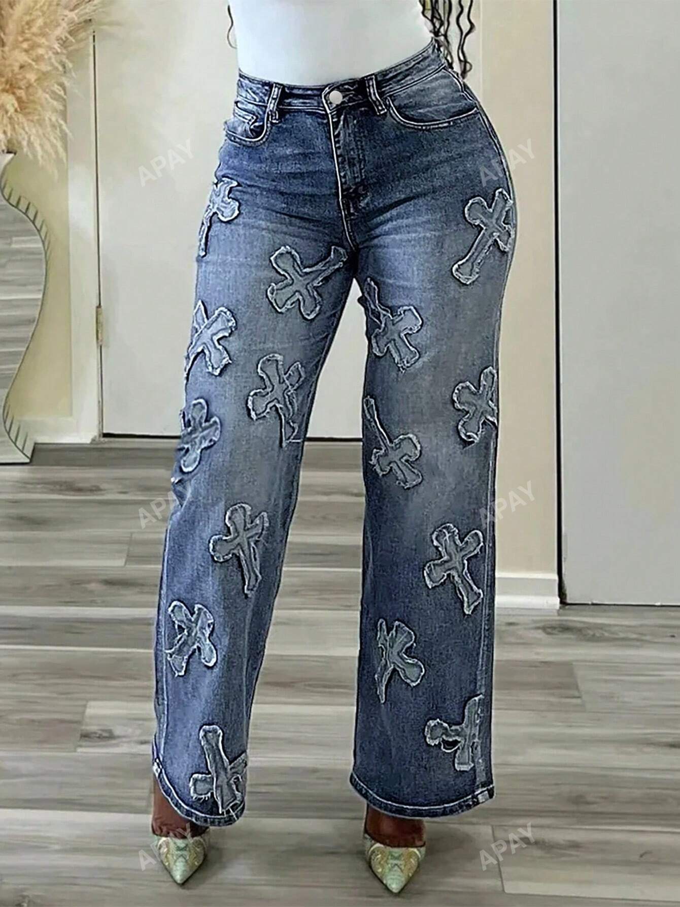 Women's Button Decorated Cross Print Casual Straight-Leg Jeans