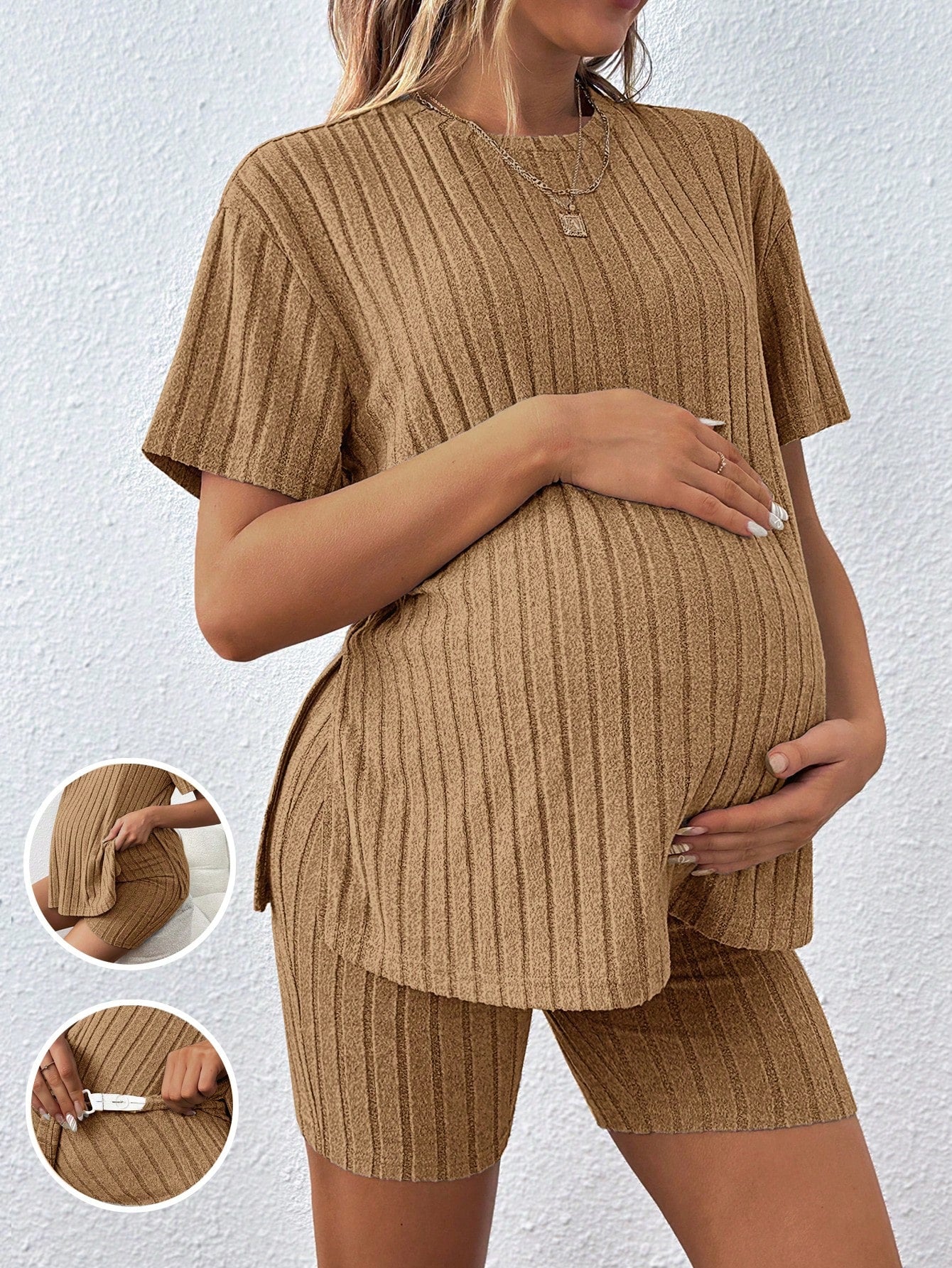 Women's Casual Loose Round Neck T-Shirt With Adjustable Elastic Waist Shorts, Maternity 2pcs Set