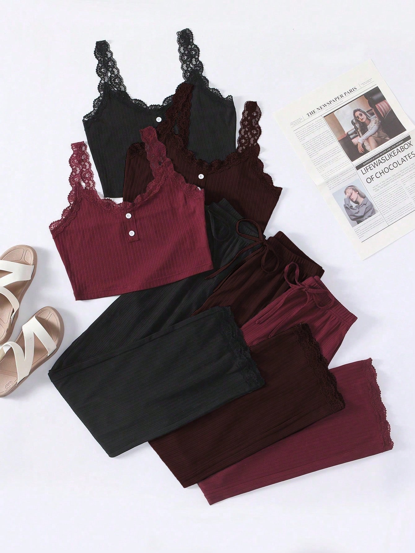 3pcs Women Lace Trim Top And Shorts Pajama Set