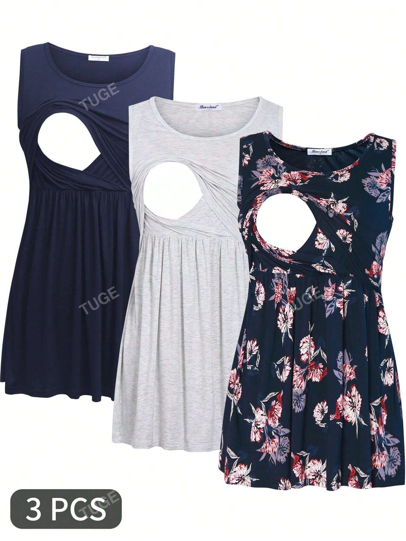 Round Neck Hollow Out Pleated Sleeveless Nursing Top For Maternity