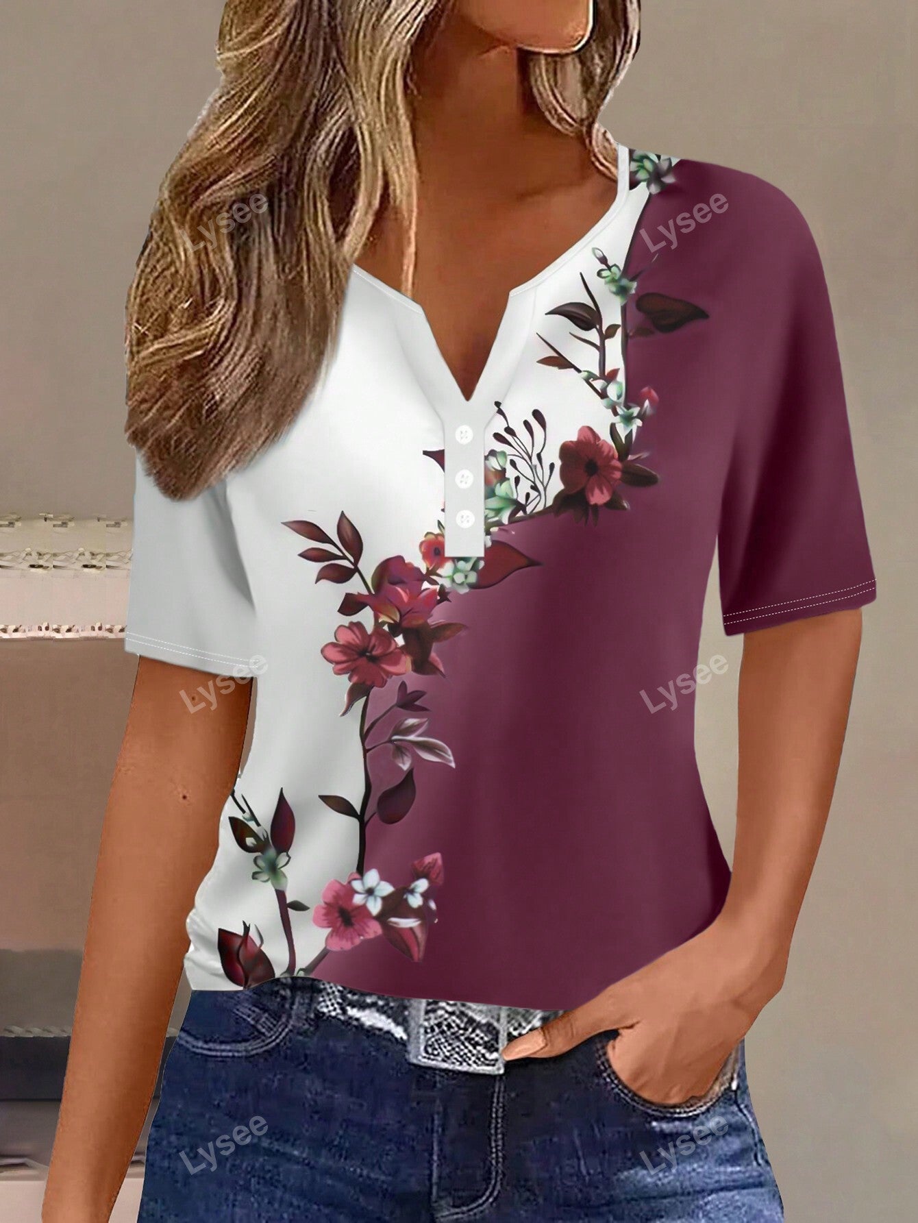 Casual Fashion Formal Button Short Sleeve Printed V-Neck Women T-Shirt
