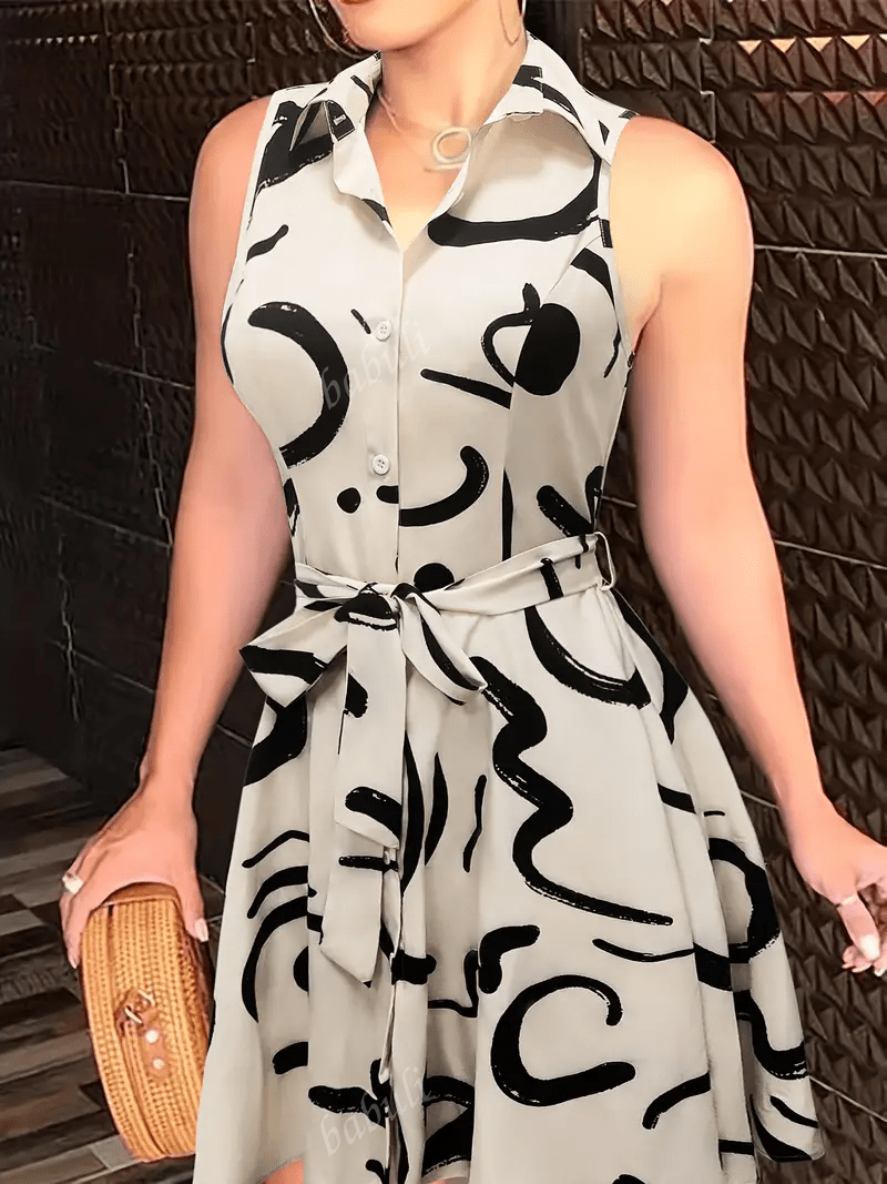 1. Abstract Print Front Button Sleeveless Dress, Casual Cinched Waist Turndown Collar Dress 2. Printed Elegant Waist Shirt Dress