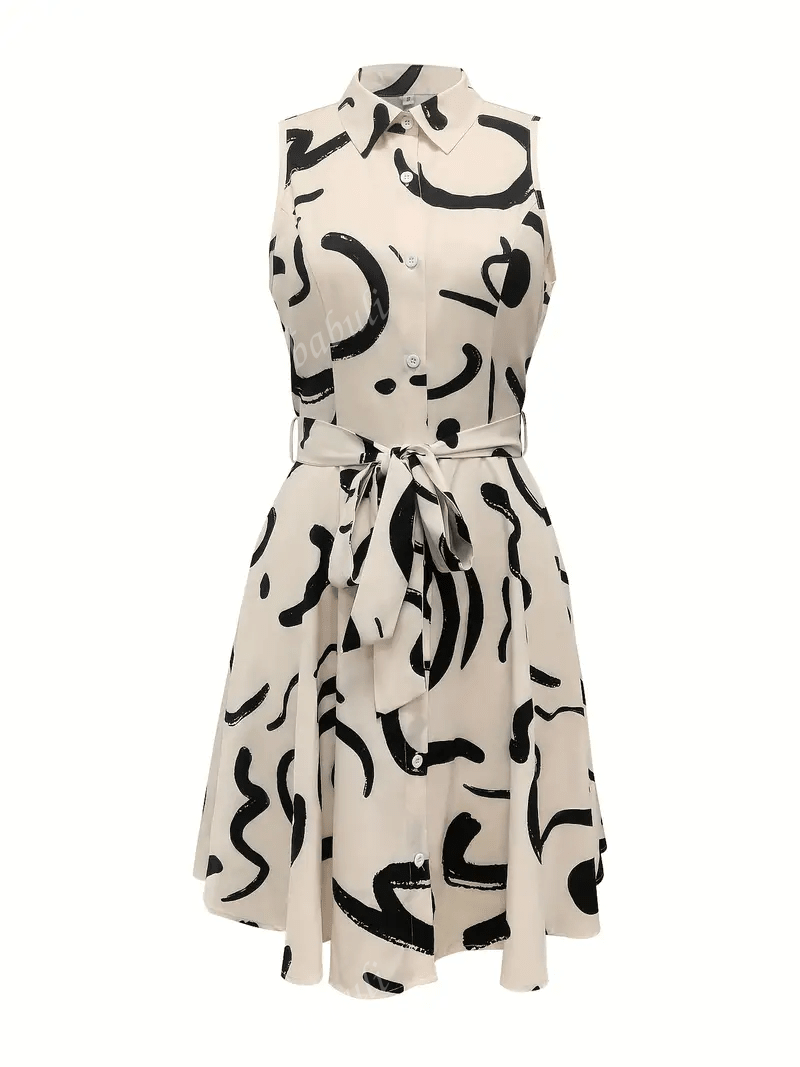 1. Abstract Print Front Button Sleeveless Dress, Casual Cinched Waist Turndown Collar Dress 2. Printed Elegant Waist Shirt Dress