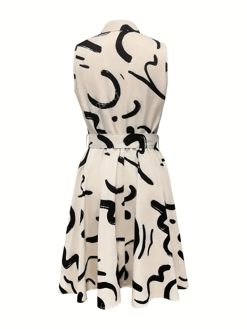 1. Abstract Print Front Button Sleeveless Dress, Casual Cinched Waist Turndown Collar Dress 2. Printed Elegant Waist Shirt Dress