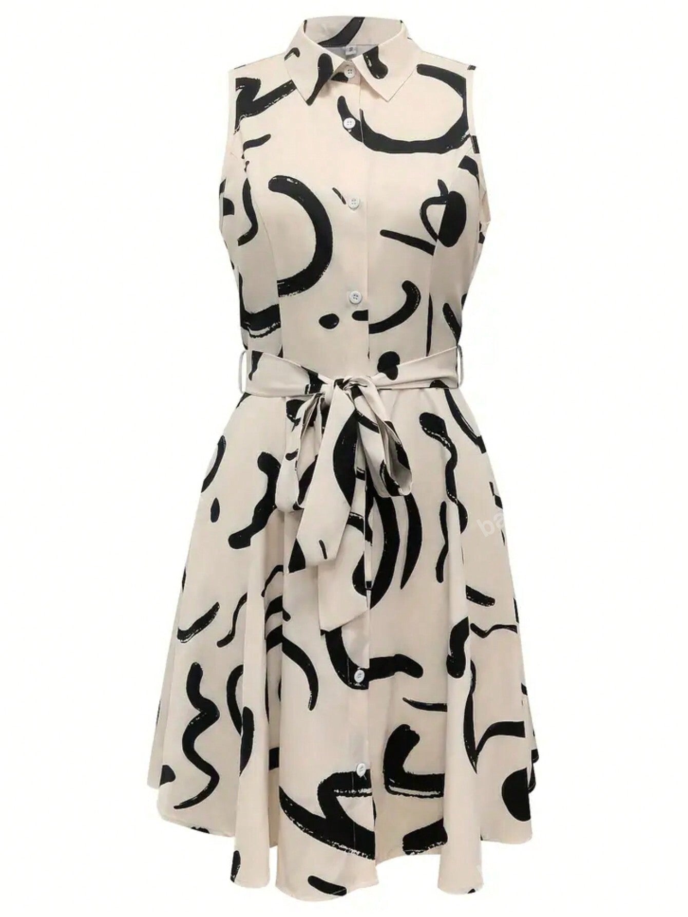 1. Abstract Print Front Button Sleeveless Dress, Casual Cinched Waist Turndown Collar Dress 2. Printed Elegant Waist Shirt Dress