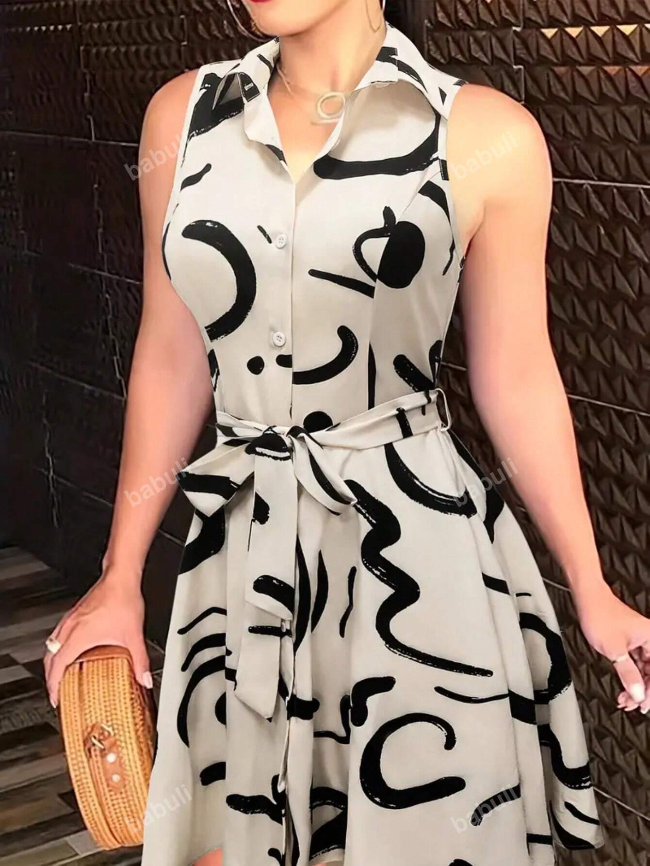 1. Abstract Print Front Button Sleeveless Dress, Casual Cinched Waist Turndown Collar Dress 2. Printed Elegant Waist Shirt Dress
